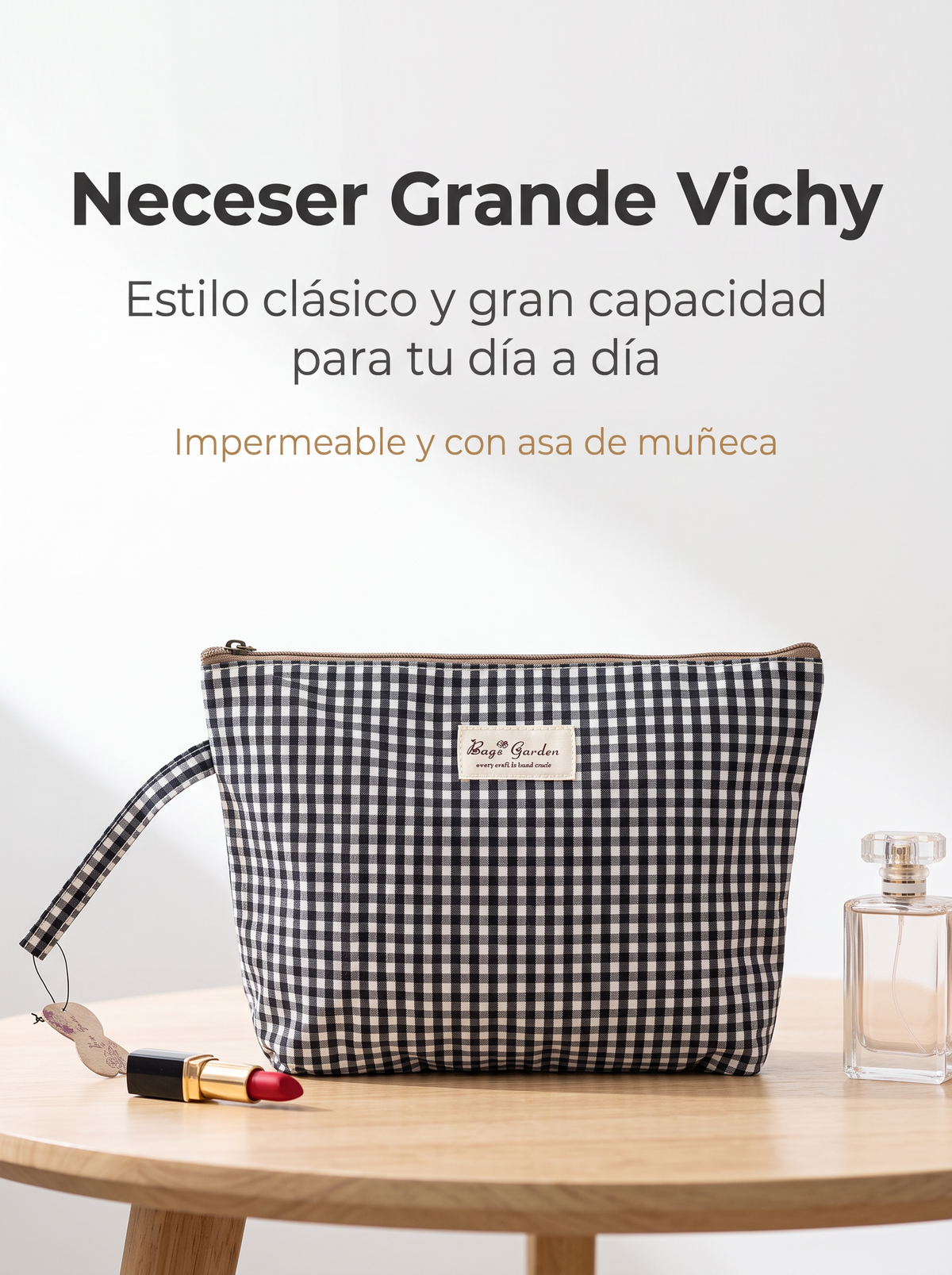 Neceser Grande Vichy Impermeable con Asa de Muñeca y Cremallera