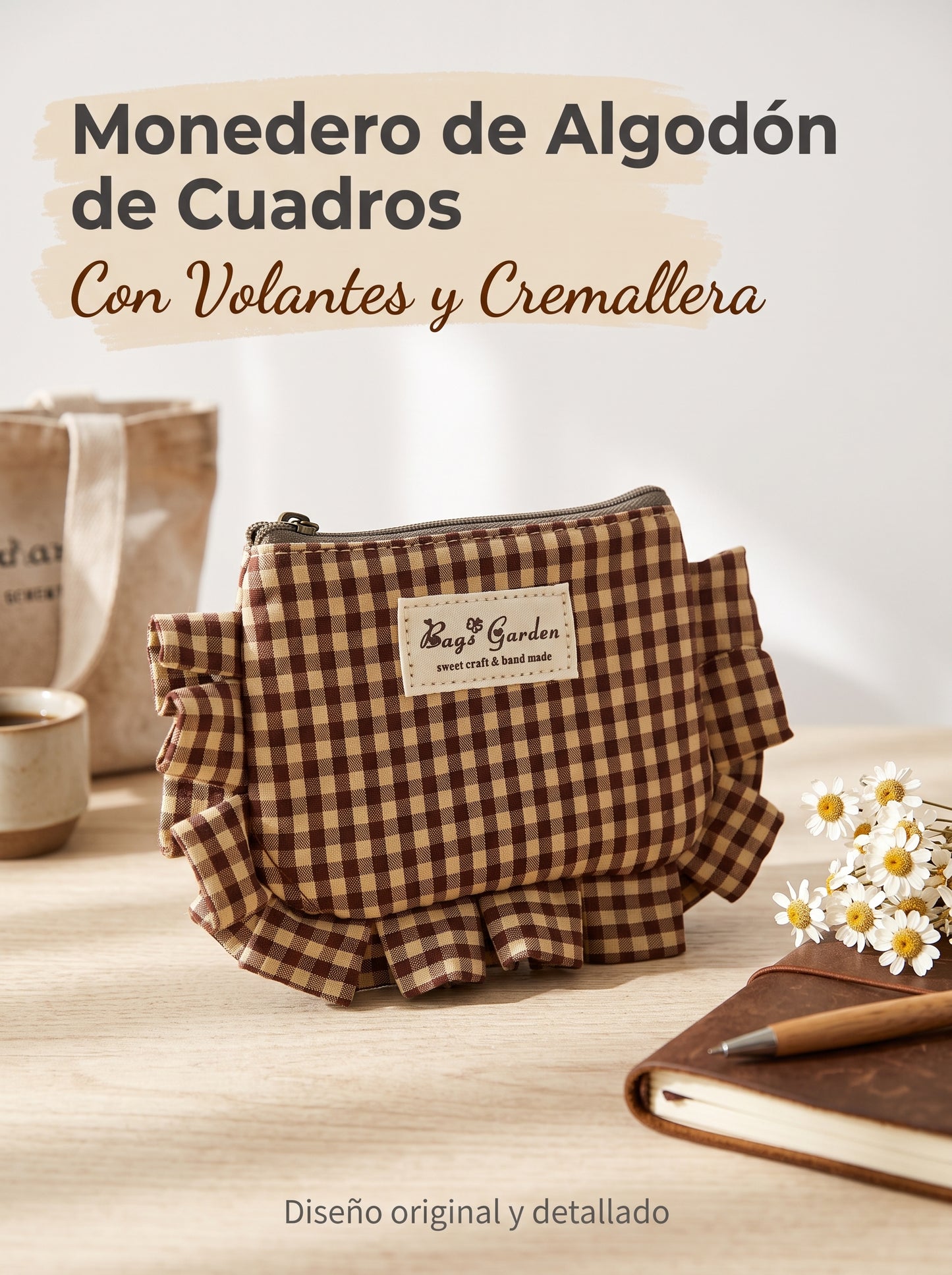 Monedero de Algodón de Cuadros con Volantes y Cremallera
