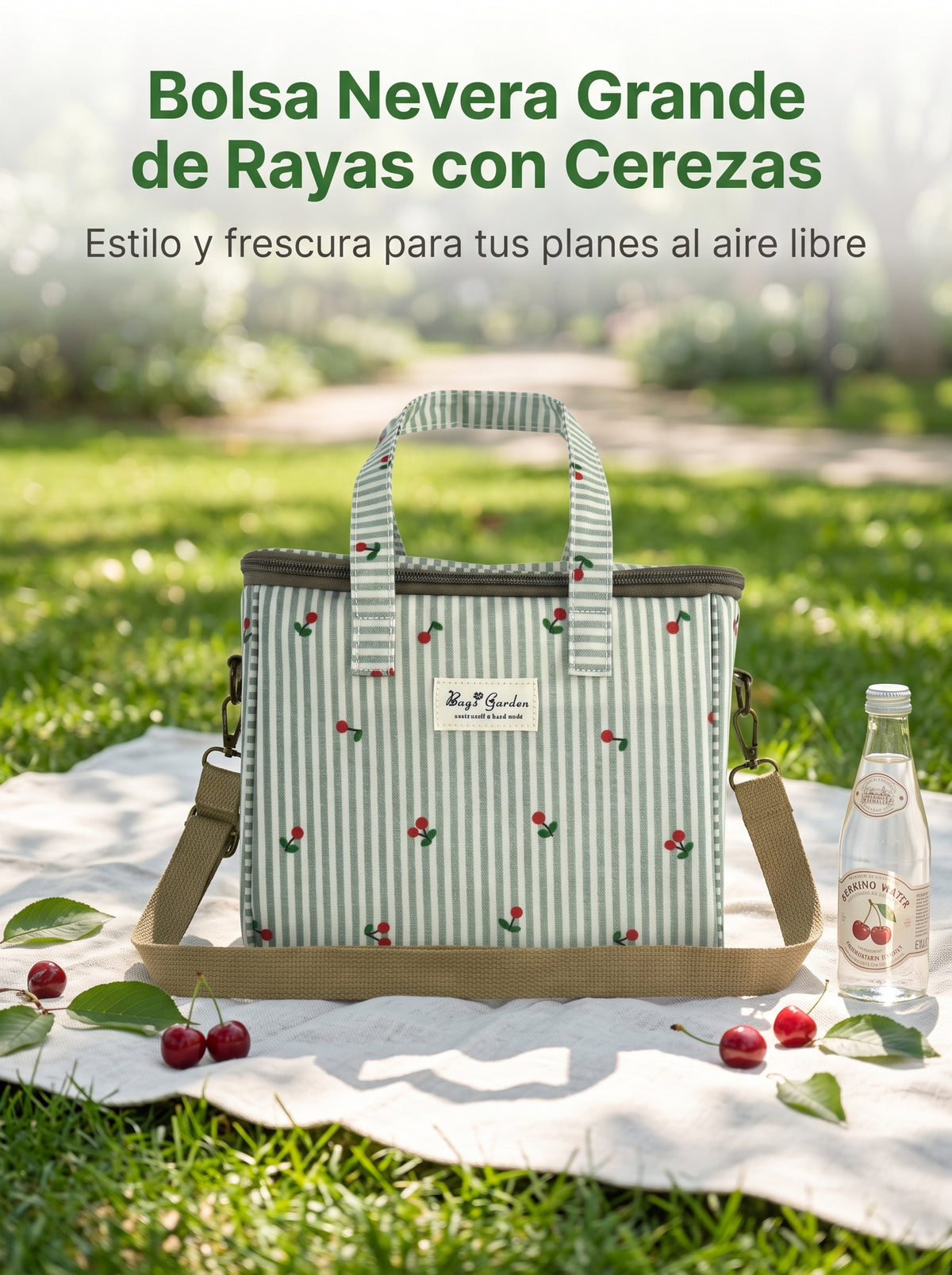Bolsa Nevera Grande de Rayas con Cerezas y Bandolera