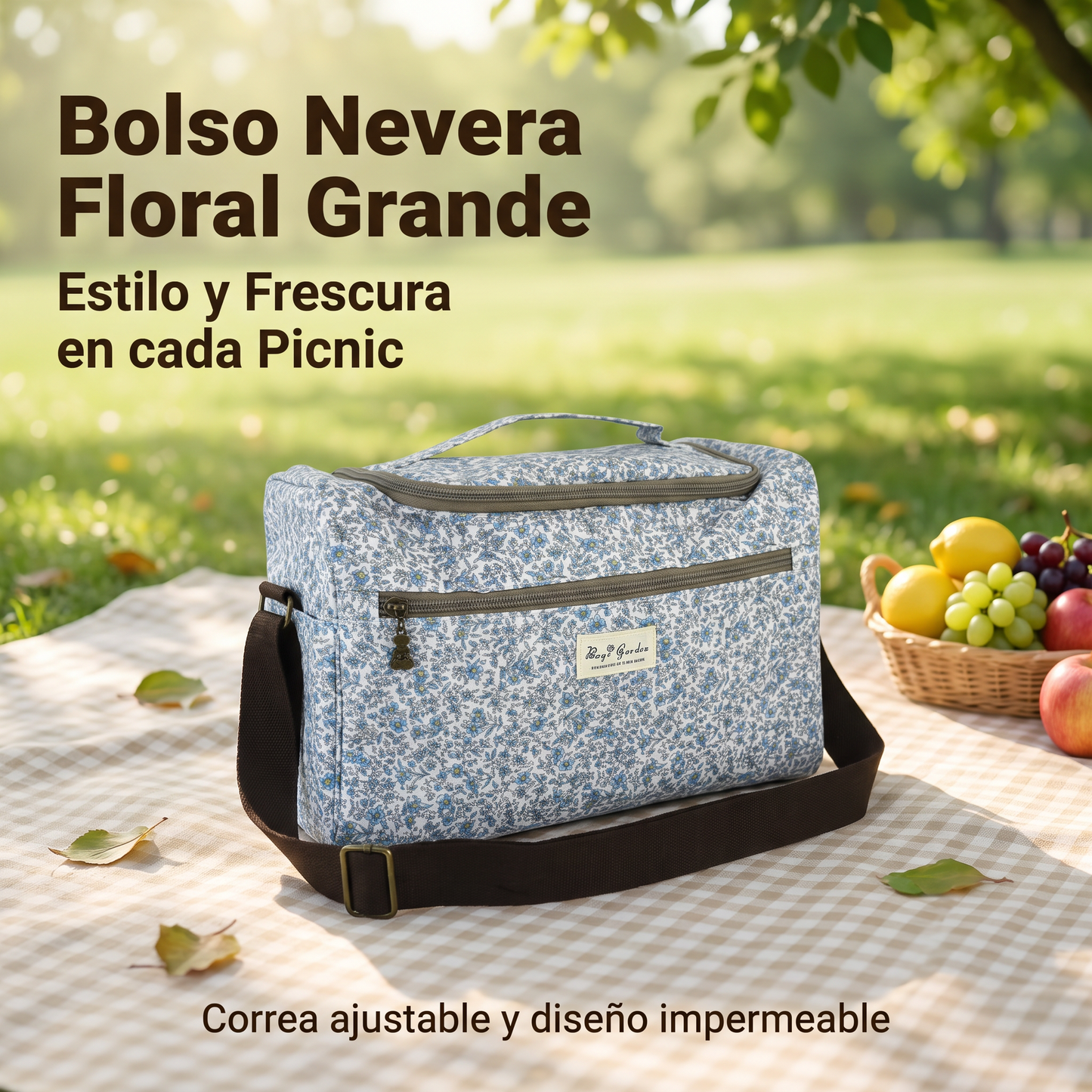 Bolso Nevera Floral Grande Impermeable con Bolsillo Frontal, Cremallera y Correa de Hombro para Picnic y Trabajo