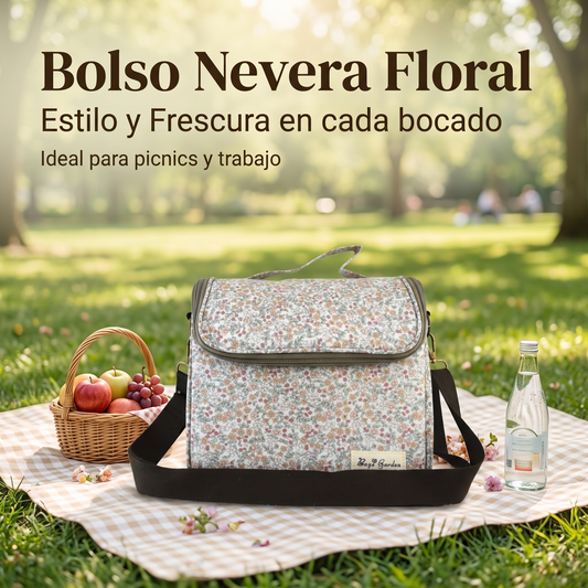 Bolso Nevera Floral Impermeable con Apertura Frontal, Asa y Correa Ajustable para Comida, Trabajo y Picnic