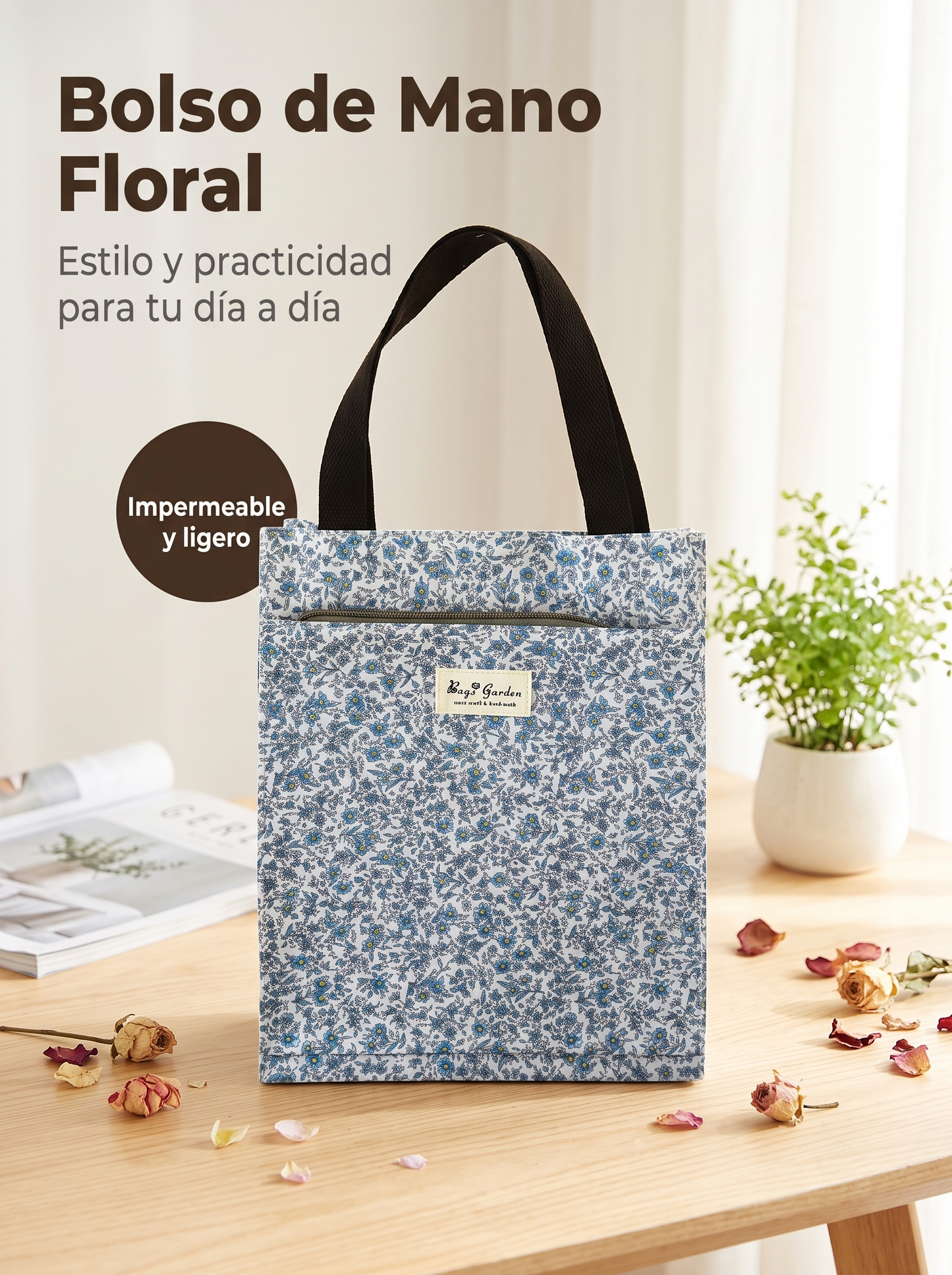 Bolso de Mano pequeño Floral Impermeable con Bolsillo Frontal, Cierre de Botón y Asas para Uso Diario