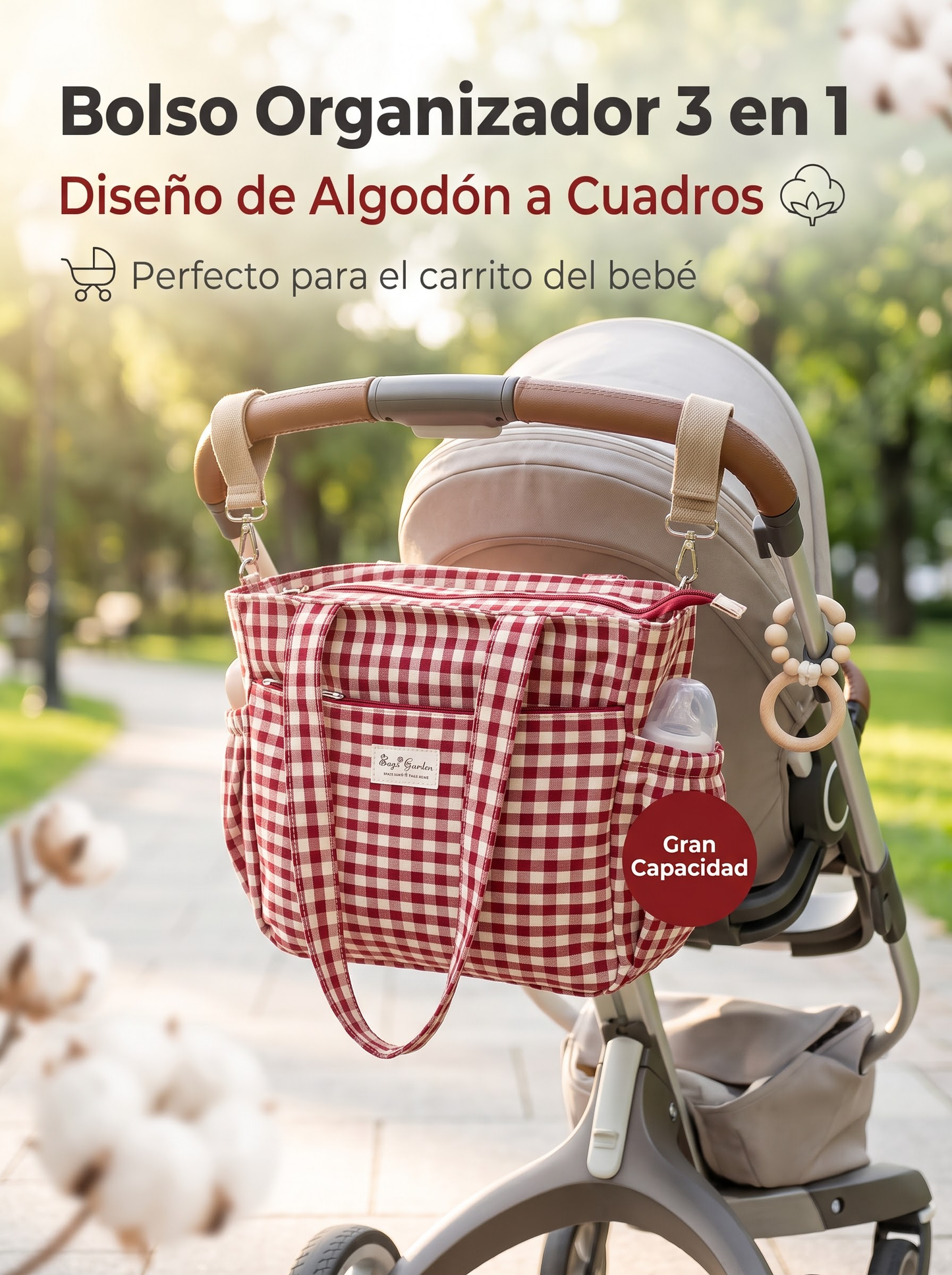 Bolso Organizador 3 en 1 para Carrito de Bebé de Algodón a Cuadros con Cremallera
