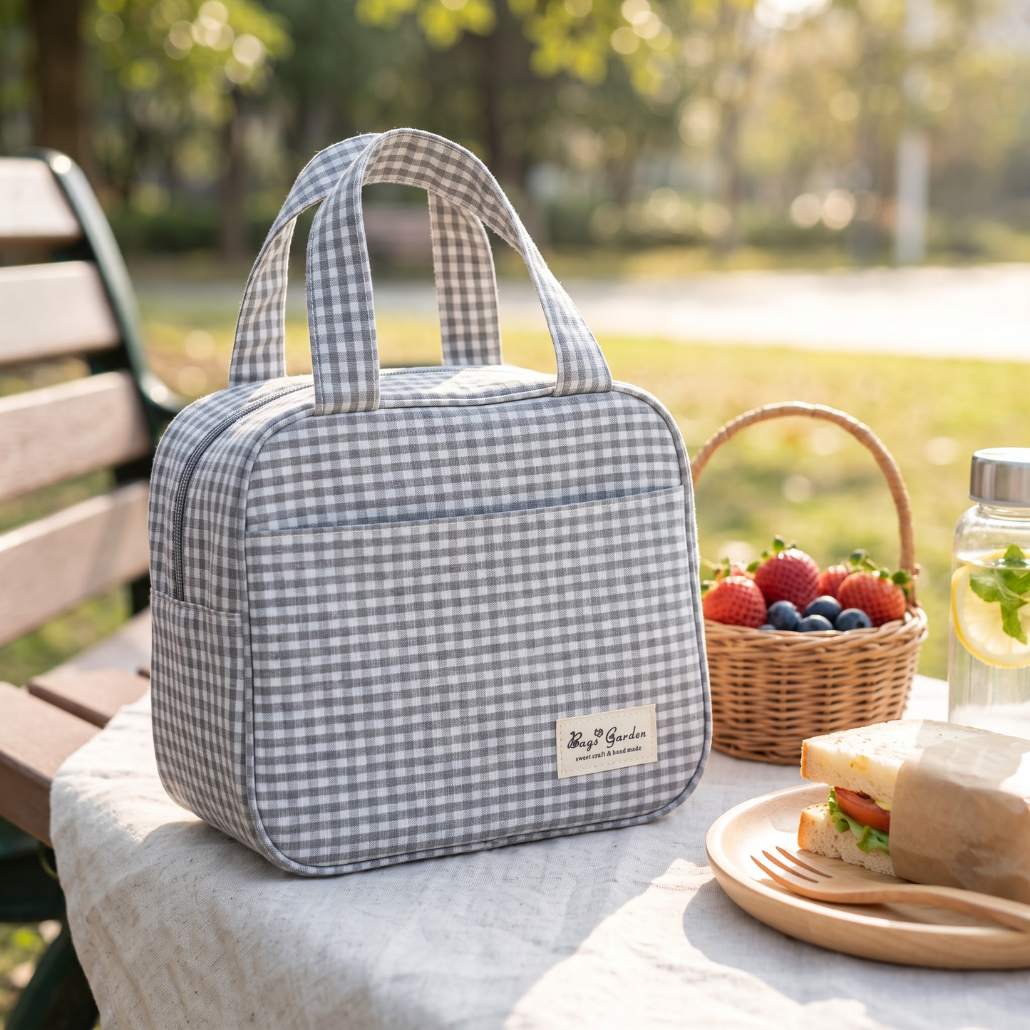 Bolsa nevera pequeña de algodón Vichy con asas