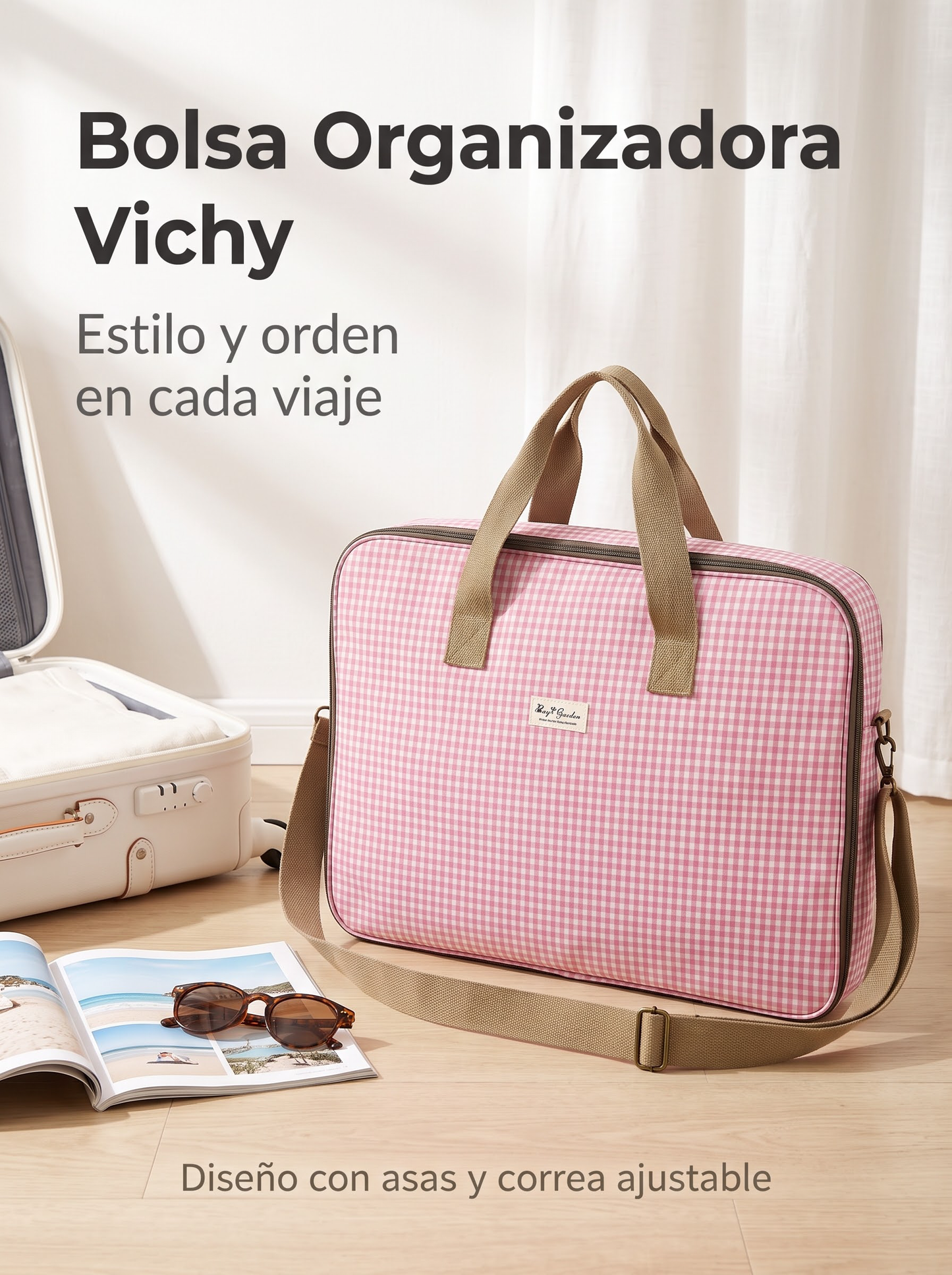 Bolsa organizadora para maleta Vichy con asas y correa de hombro