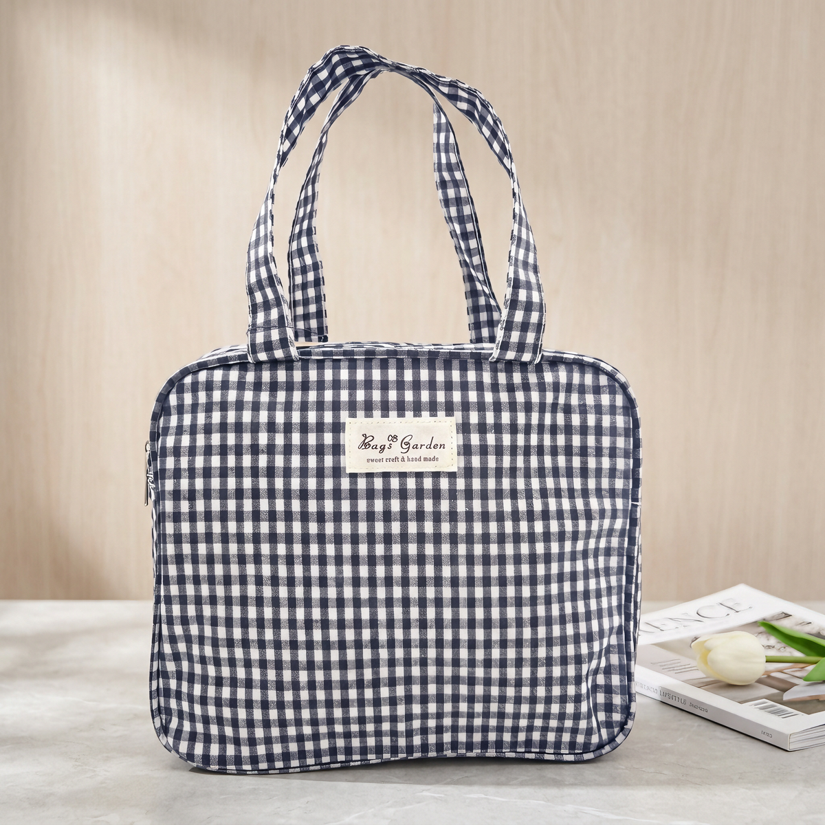 Bolso de Mano Vichy con Cremallera, Dos Asas e Interior Forrado