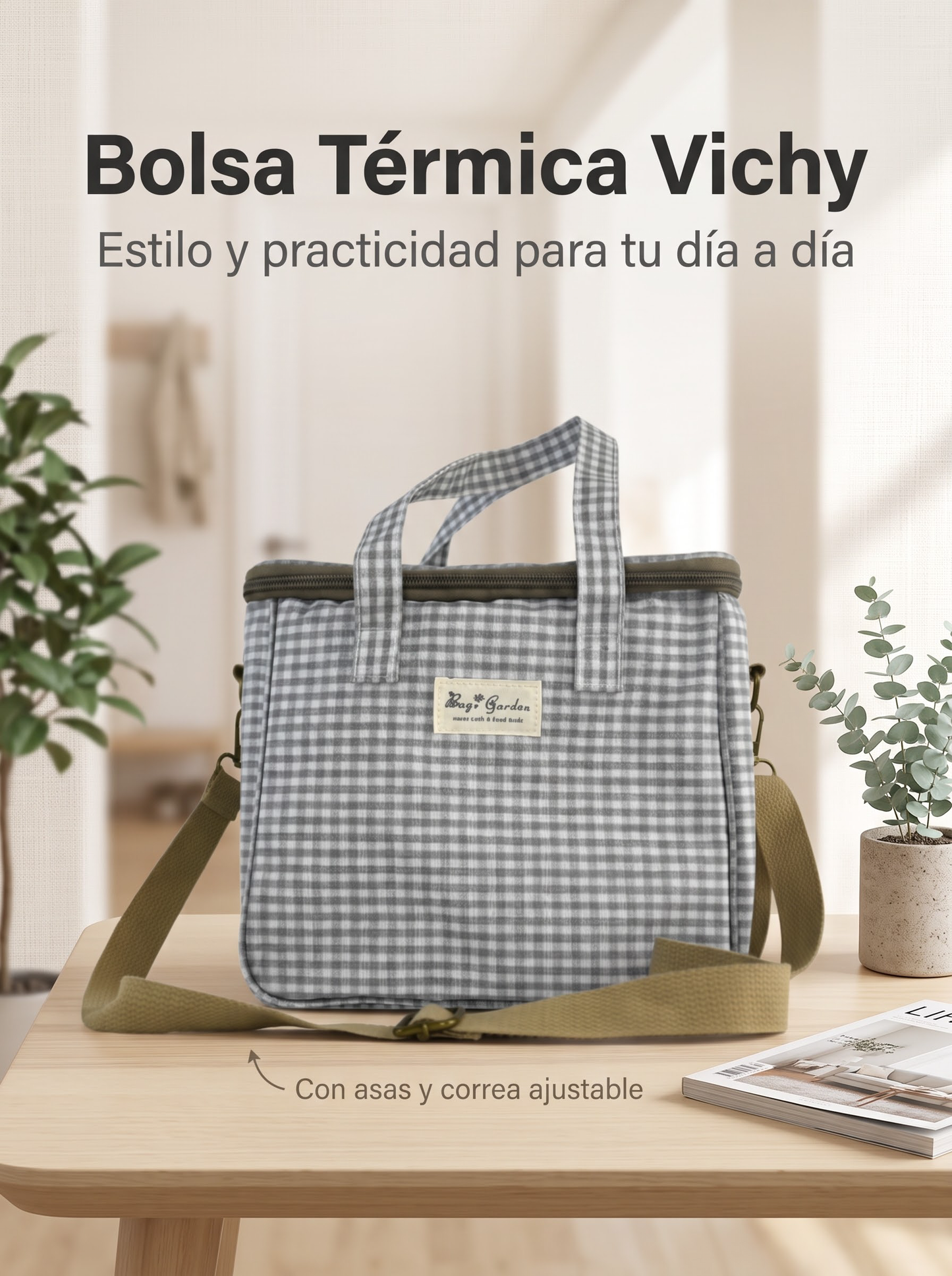 Bolsa Nevera Impermeable Vichy | Bolsa Térmica Almuerzo con Cremallera
