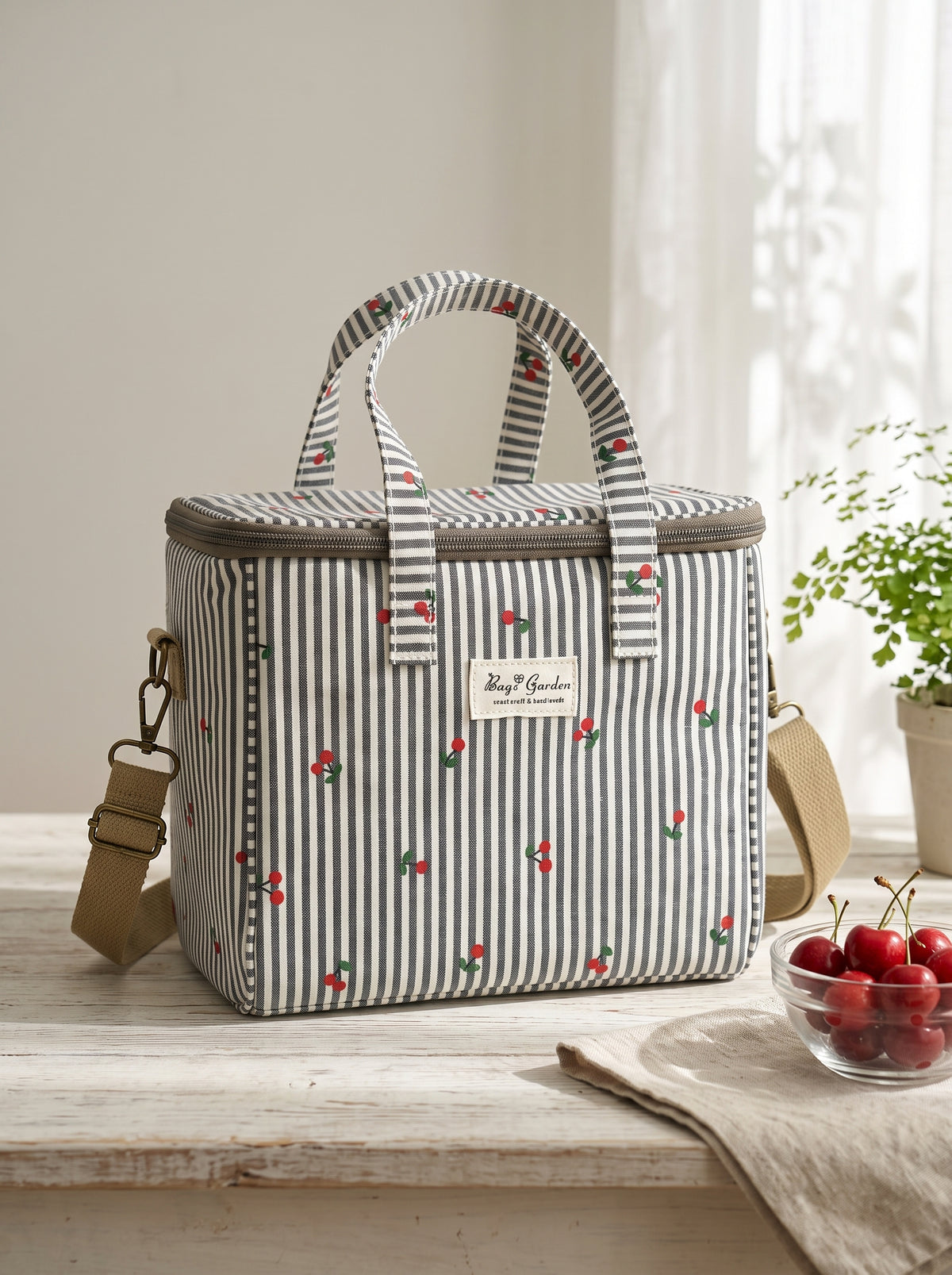 Bolsa Nevera Pequeña de Rayas con Cerezas y Bandolera