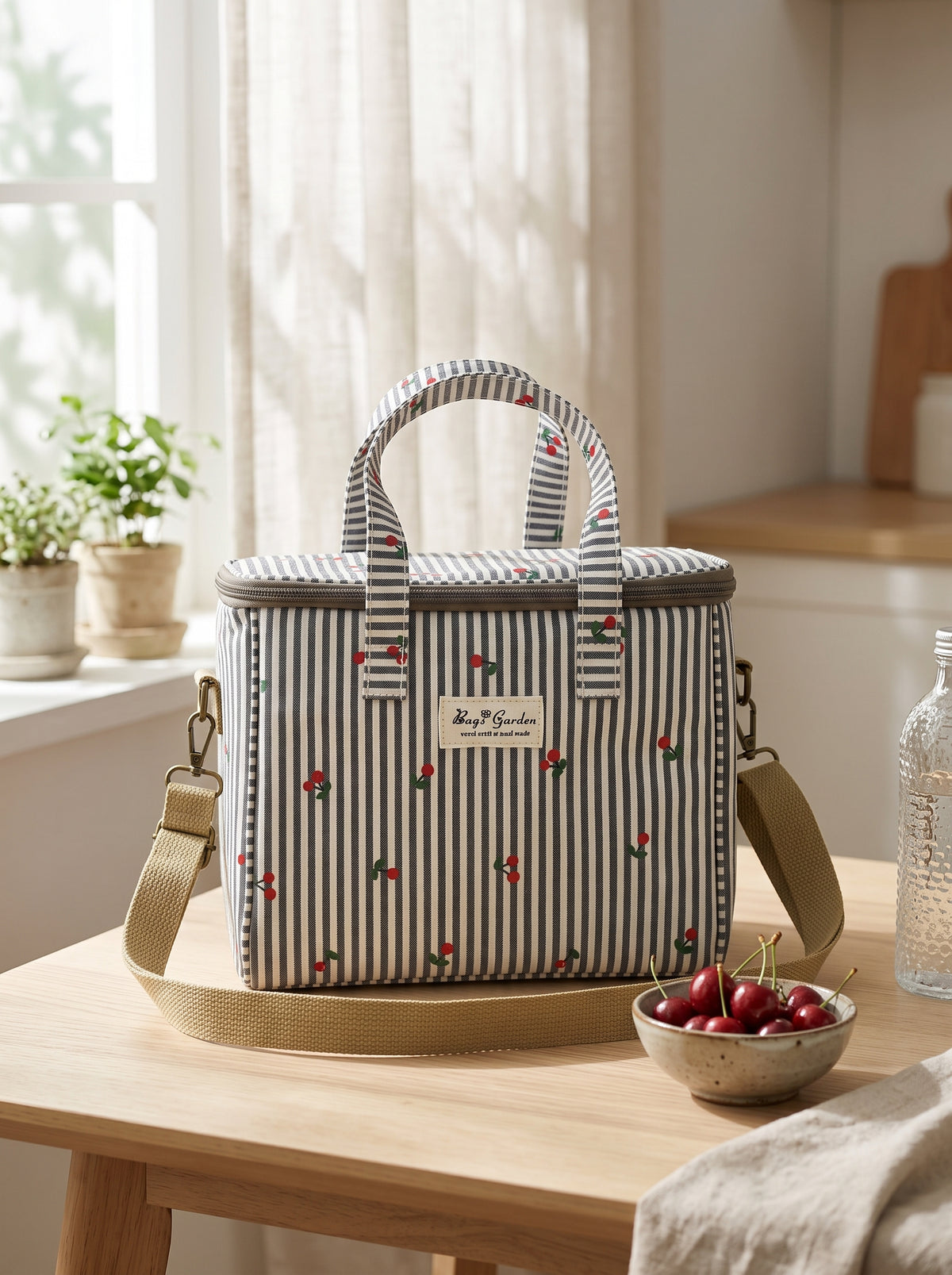 Bolsa Nevera Pequeña de Rayas con Cerezas y Bandolera