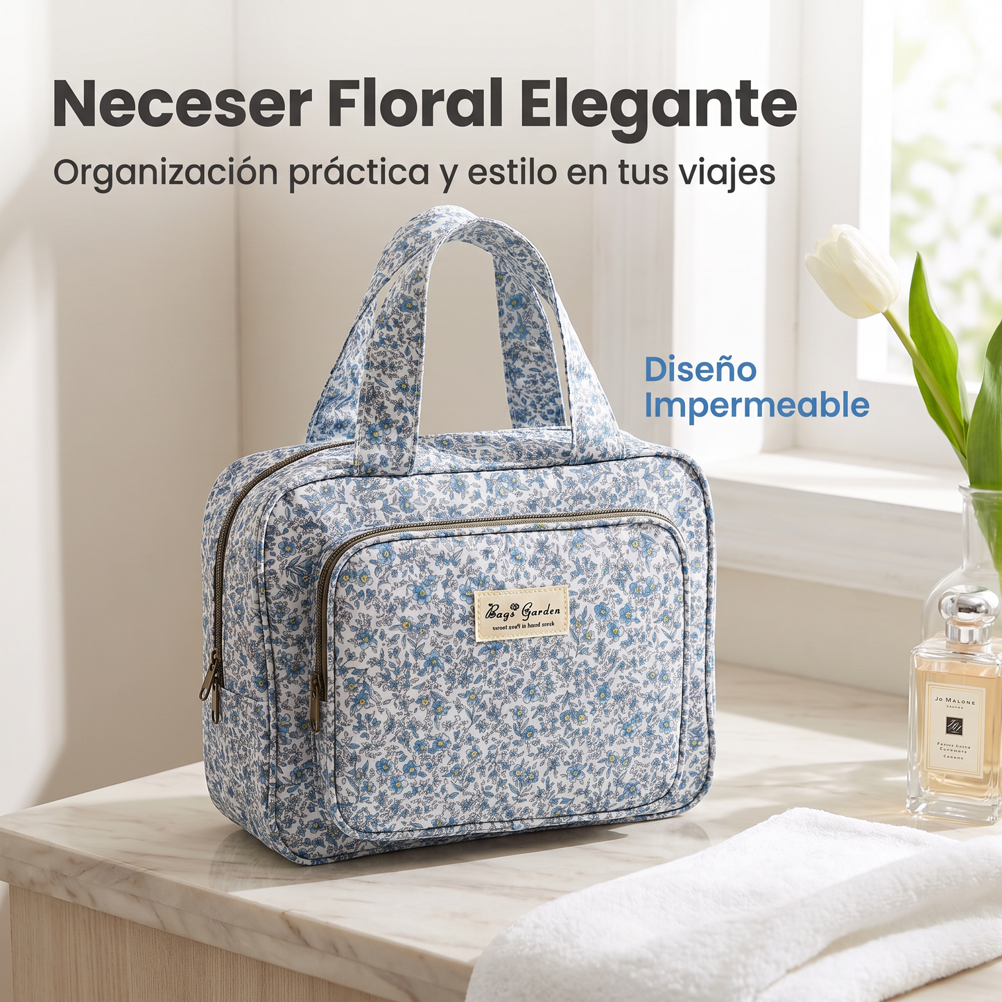 Neceser Colgante Floral Impermeable con Gancho, Compartimentos y Cremalleras para Viaje