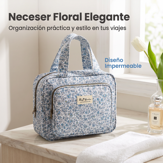 Neceser Colgante Floral Impermeable con Gancho, Compartimentos y Cremalleras para Viaje