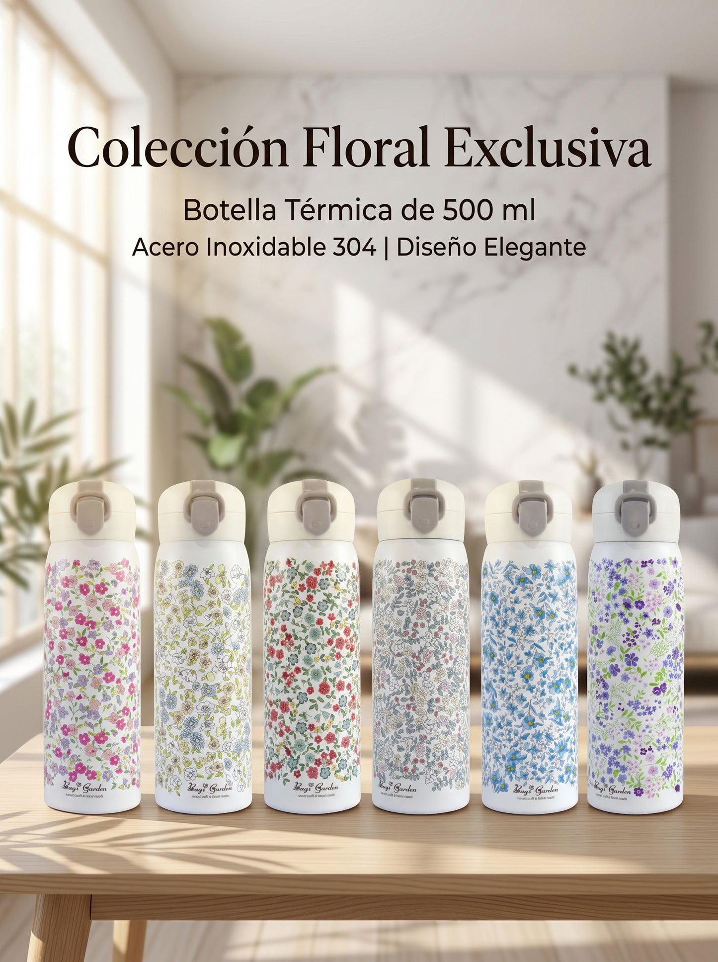 Botella Térmica de Acero Inoxidable 304 con Flores | 500 ml