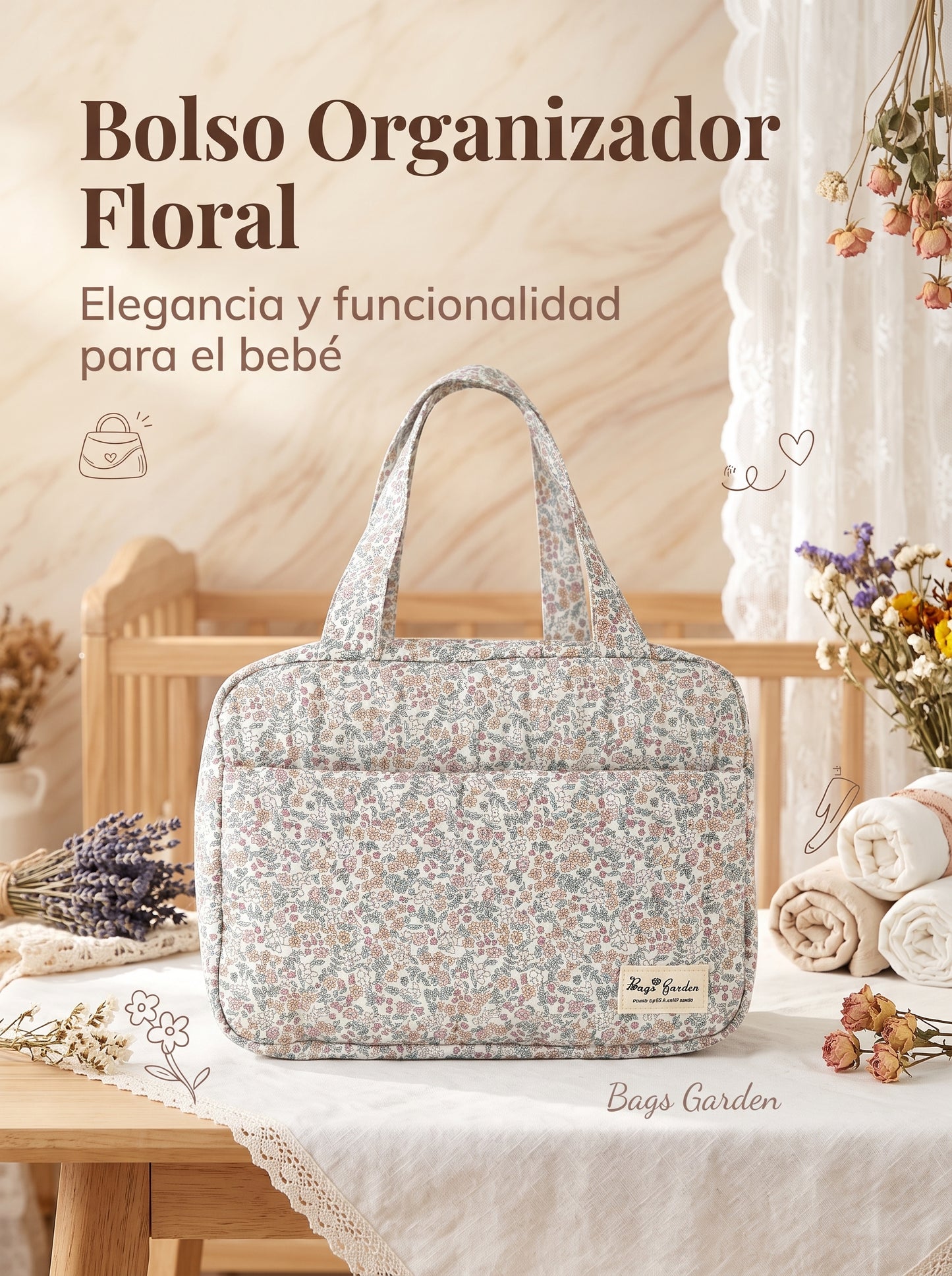 Bolso Organizador Floral de Mano para Artículos de Bebé en Algodón Acolchado