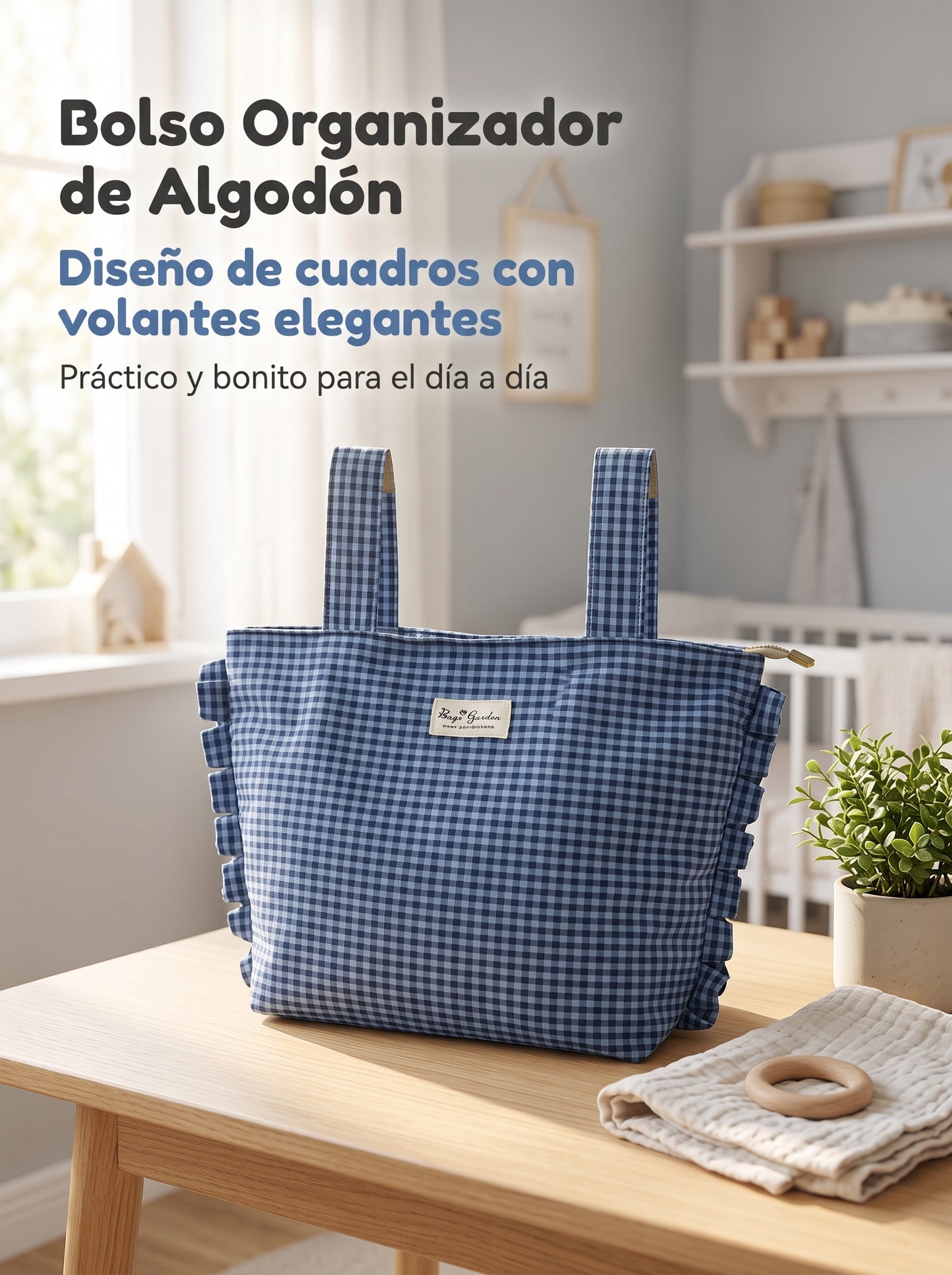 Bolso Organizador de Algodón para Carrito de Bebé de Cuadros con Volantes