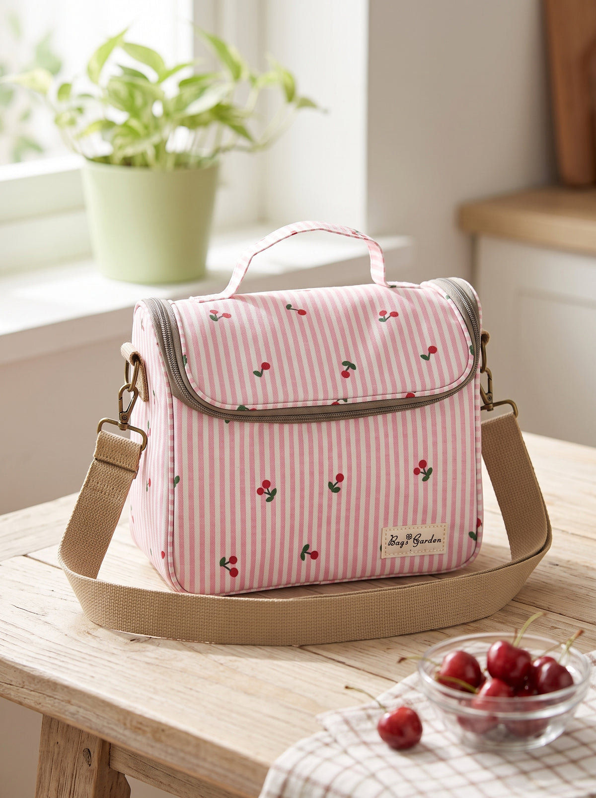 Bolsa Nevera de Rayas con Cerezas con Tapa Abatible