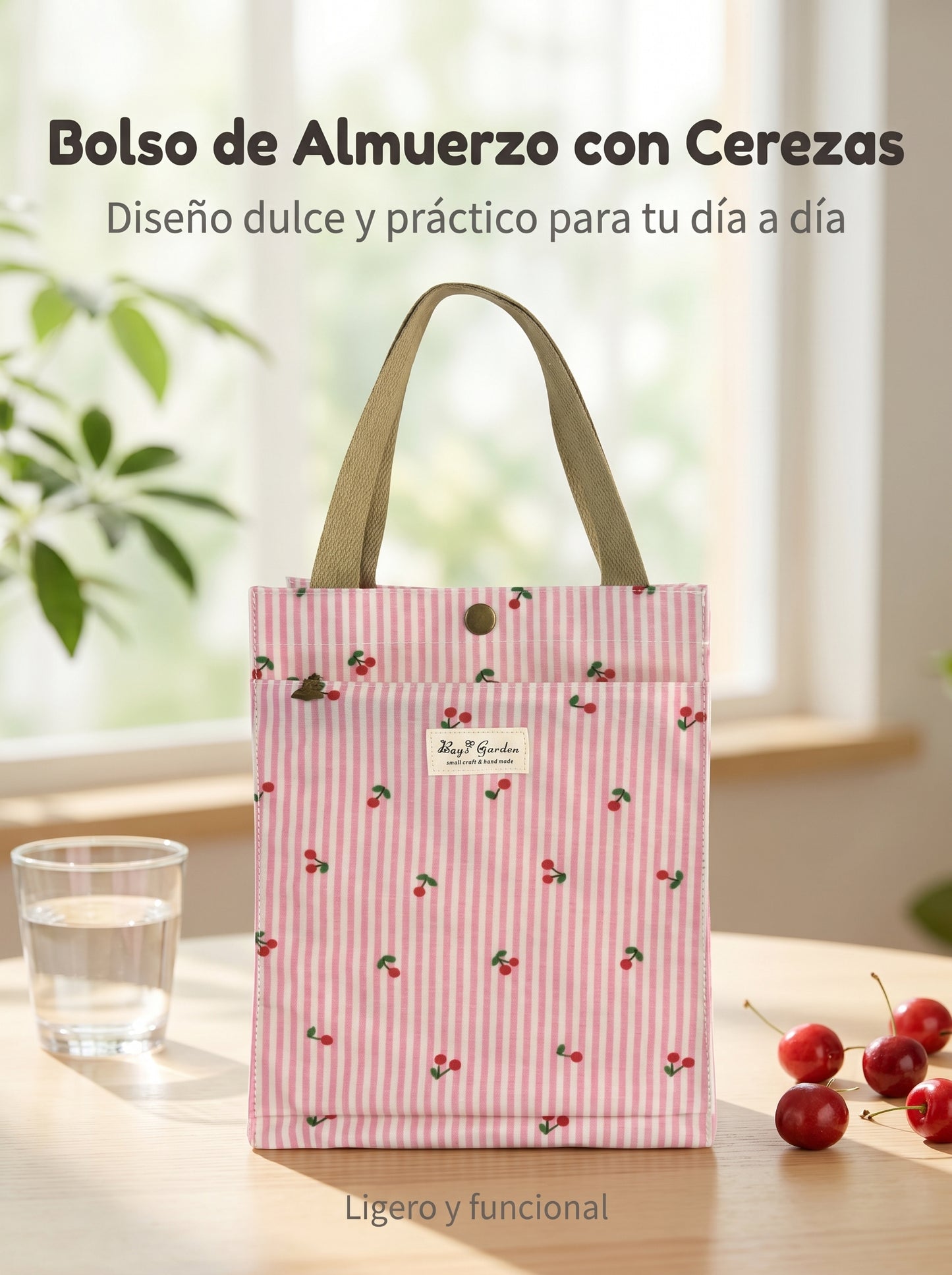 Bolso de almuerzo mediano rayas con cerezas