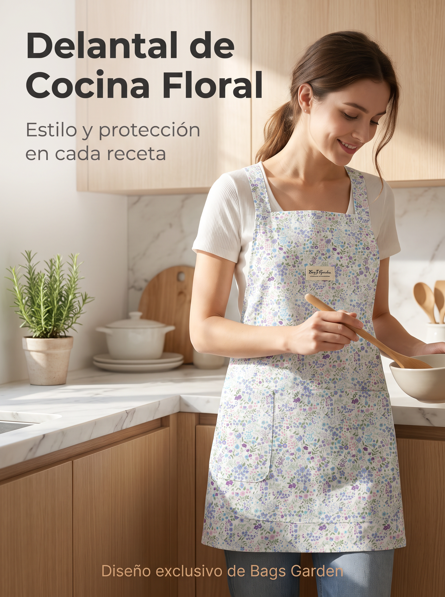 Delantal de Cocina con Estampado Floral, Dos Bolsillos Frontales y Cintas Traseras