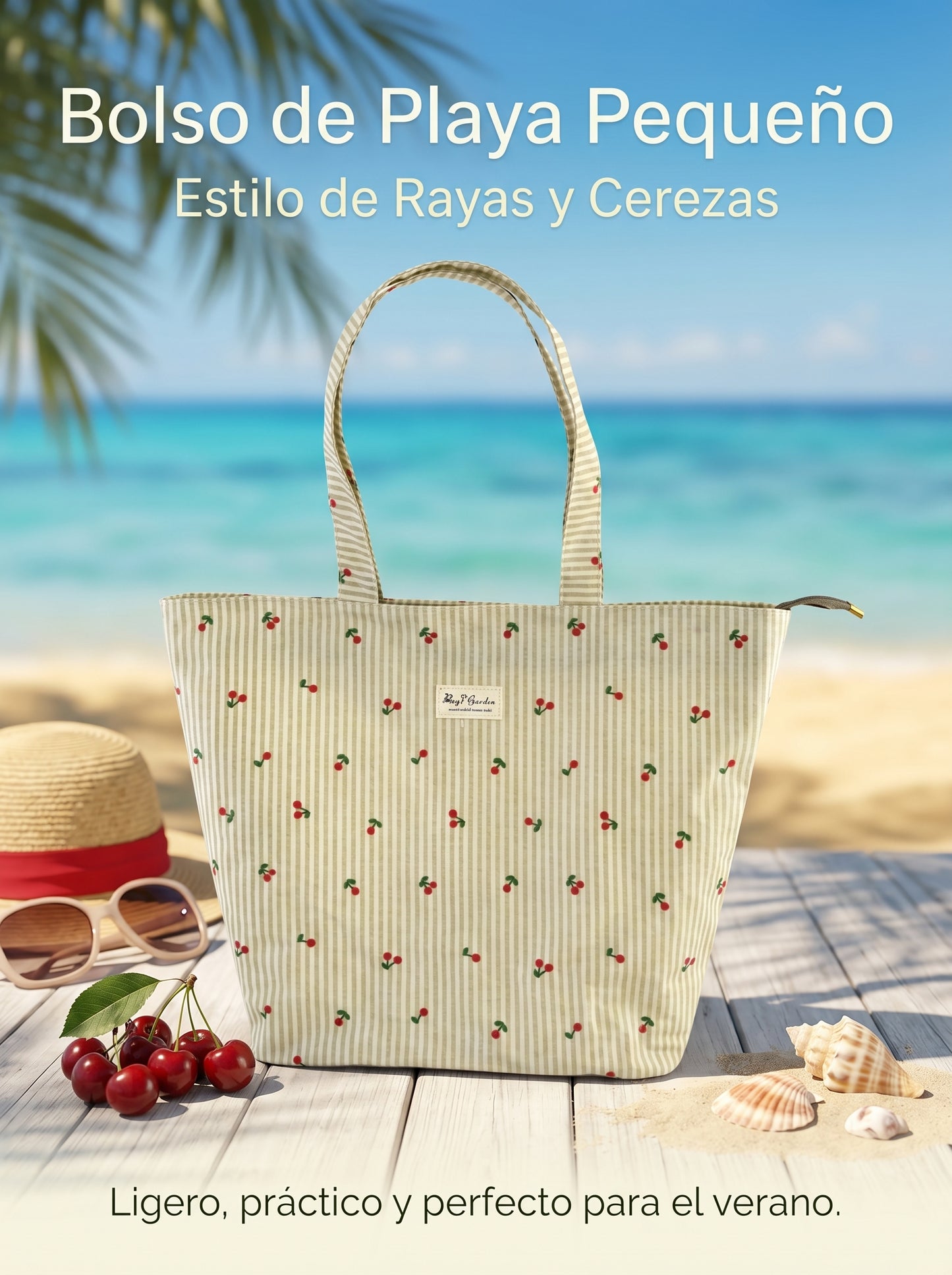 Bolso de Playa Pequeño Rayas con Cereza | Bolsa Ligera con Cremallera