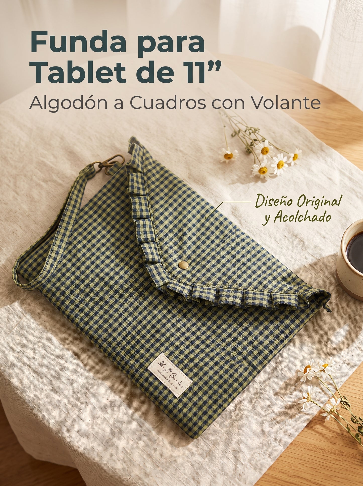 Funda para Tablet de 11” de Algodón a Cuadros con Volante y Asa de Muñeca