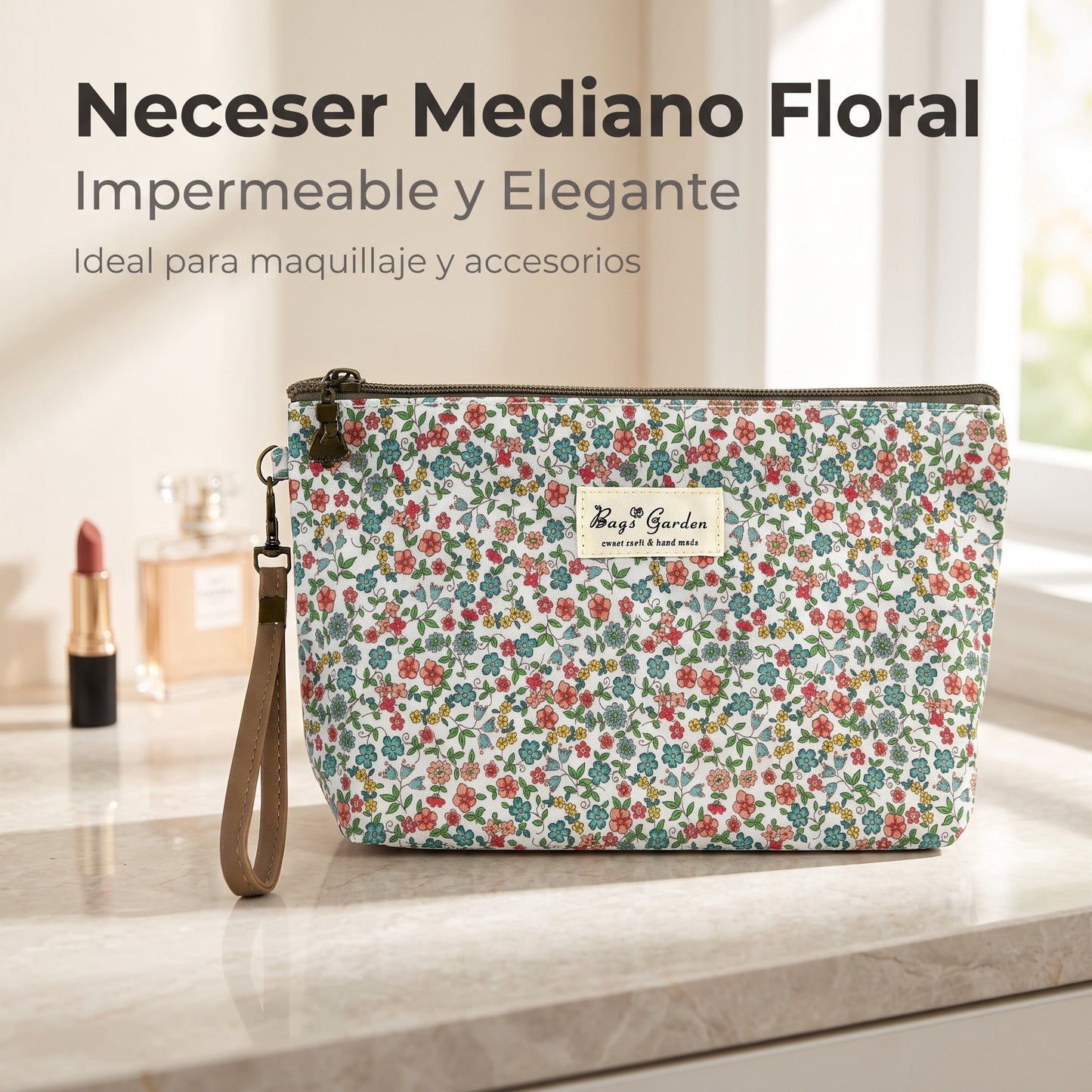 Neceser Mediano Floral Impermeable Bags Garden con Asa de Muñeca y Bolsillo Trasero con Cremallera
