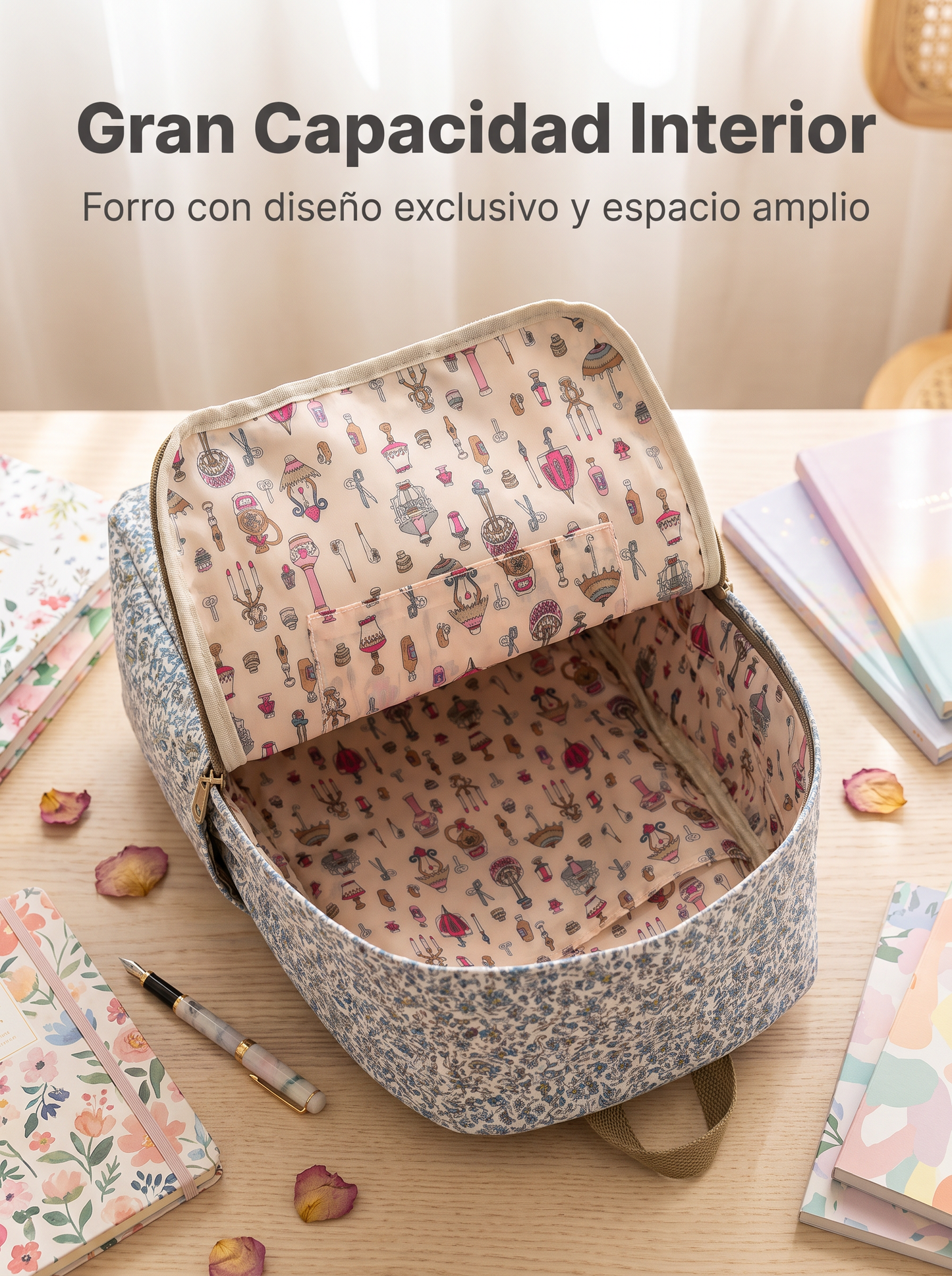 Mochila Floral Impermeable Bags Garden con Bolsillo Frontal, Bolsillos Laterales