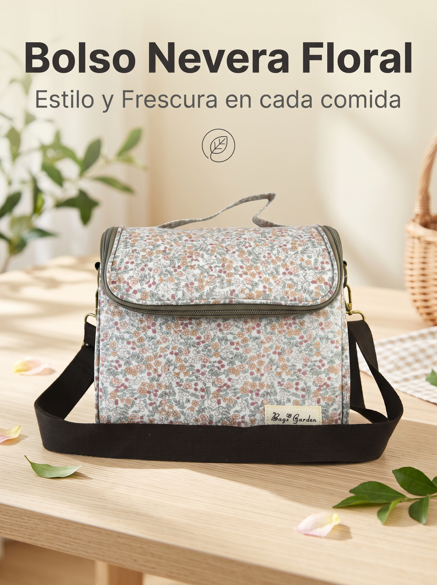 Bolso Nevera Floral Impermeable con Apertura Frontal, Asa y Correa Ajustable para Comida, Trabajo y Picnic