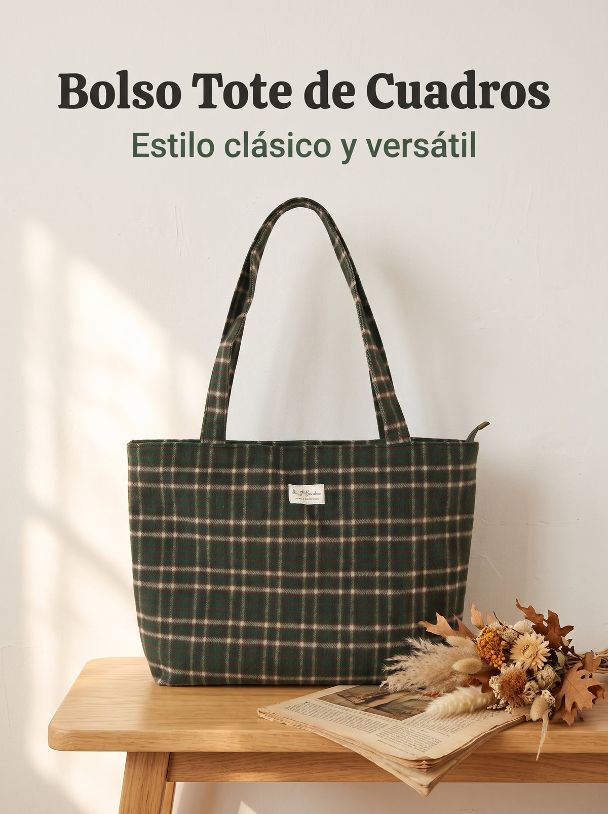 Bolso Tote de Cuadros con Cremallera