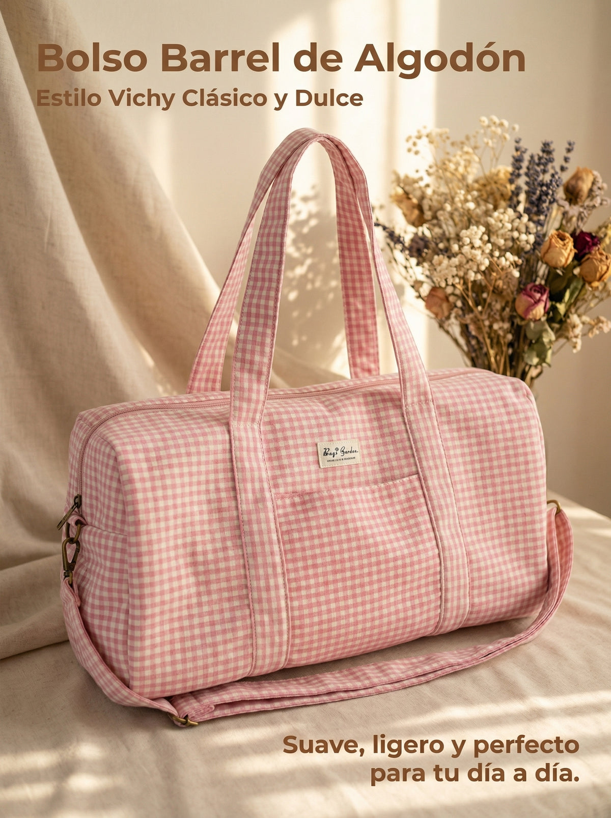 Bolso Barrel de Algodón Vichy con Asa y Bandolera