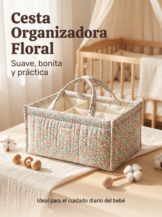 Cesta Organizadora Floral de Algodón Acolchado con Compartimentos y Asas