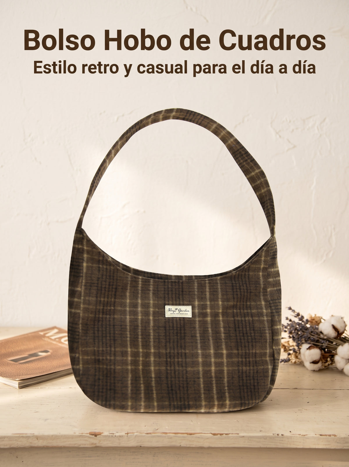 Bolso de hombro de cuadros de algodón estilo hobo