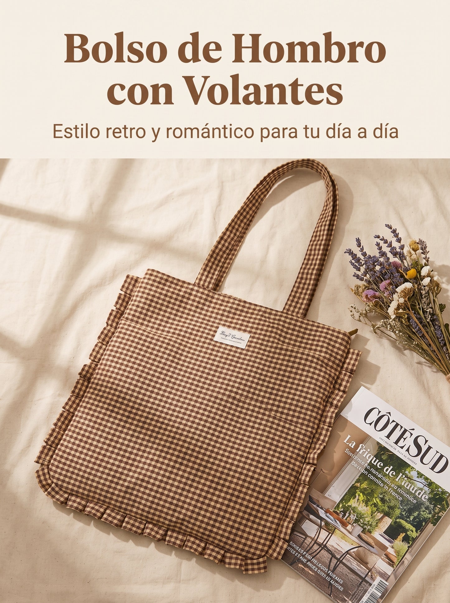 Bolso de Hombro de Algodón de Cuadros con Volantes y Cremallera