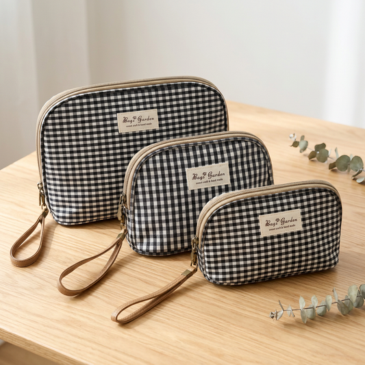 Set de 3 Neceseres Vichy Impermeables de Algodón para Viaje, Maquillaje y Cosméticos