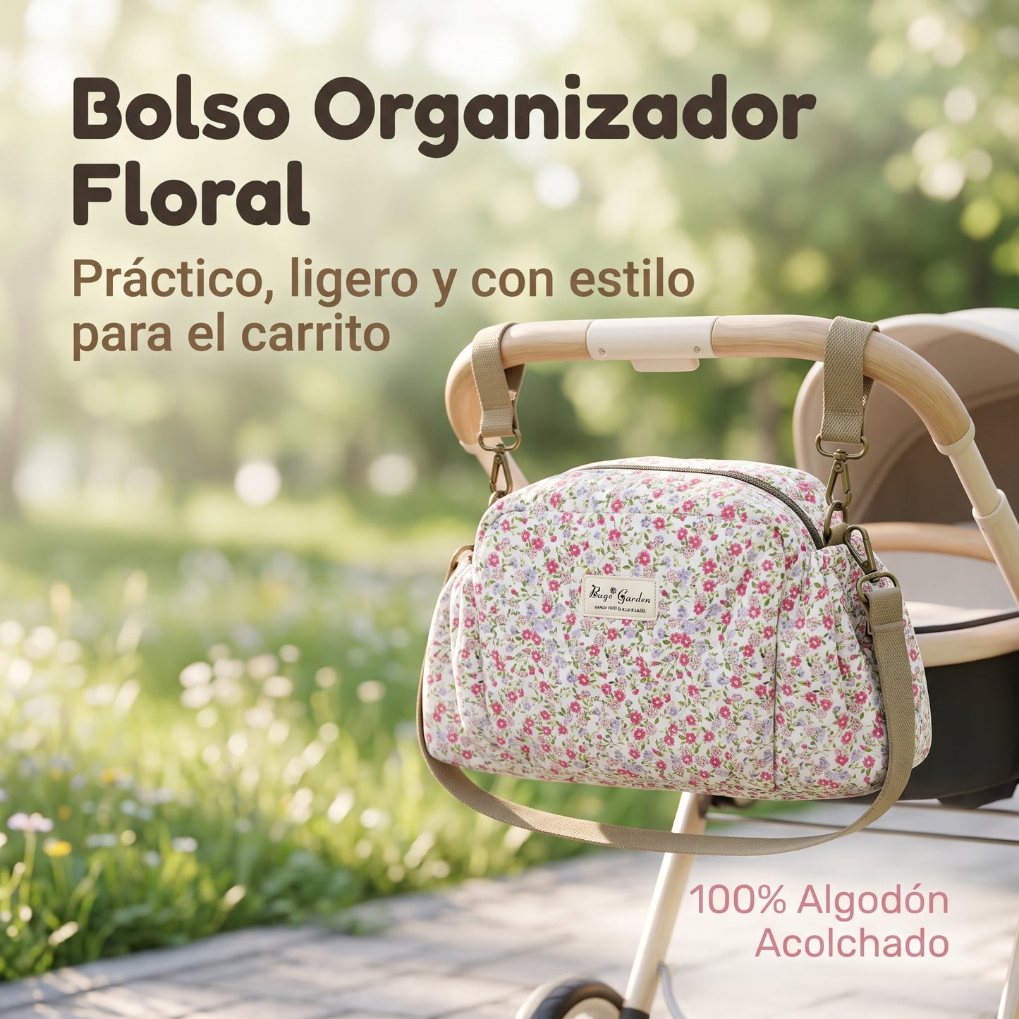 Bolso Organizador Floral para Carrito de Bebé de Algodón