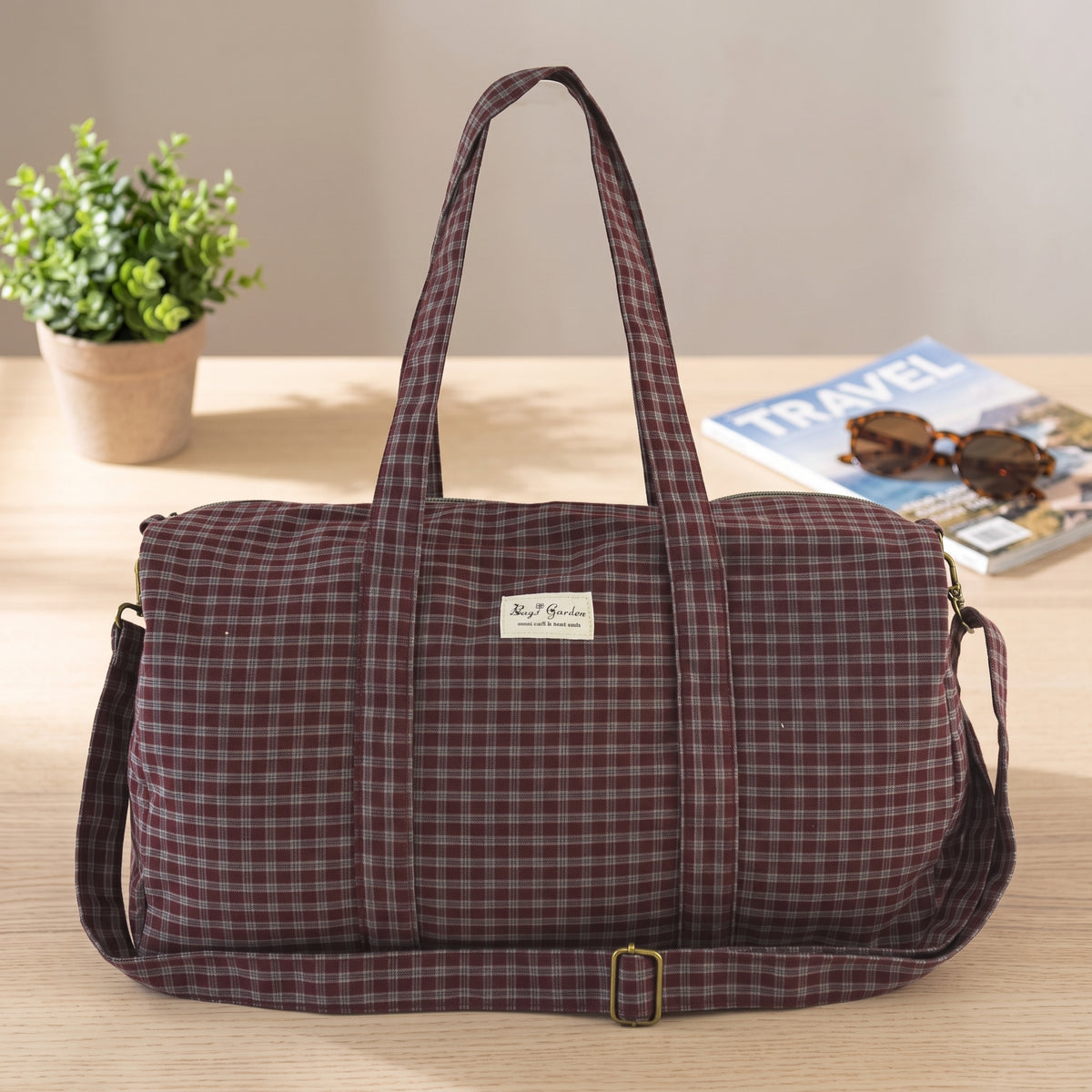 Bolso barrel de cuadros de algodón con asas y bandolera