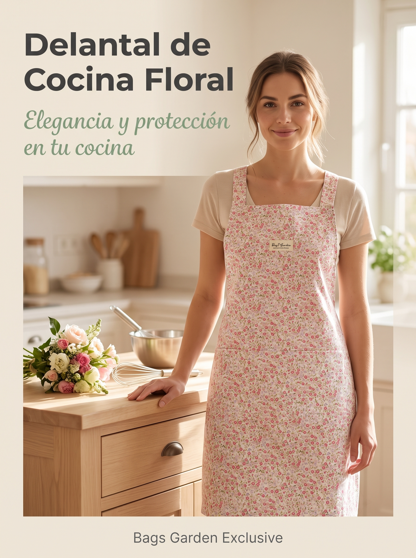 Delantal de Cocina con Estampado Floral, Dos Bolsillos Frontales y Cintas Traseras