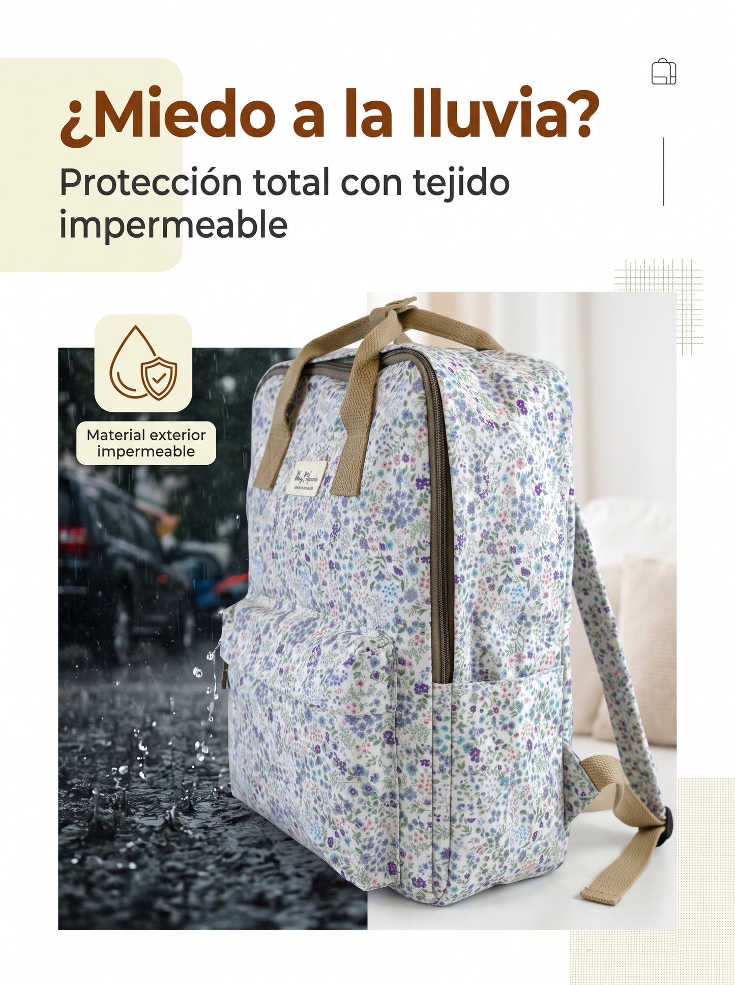 Mochila Floral Impermeable Bags Garden con Bolsillo Frontal, Bolsillos Laterales