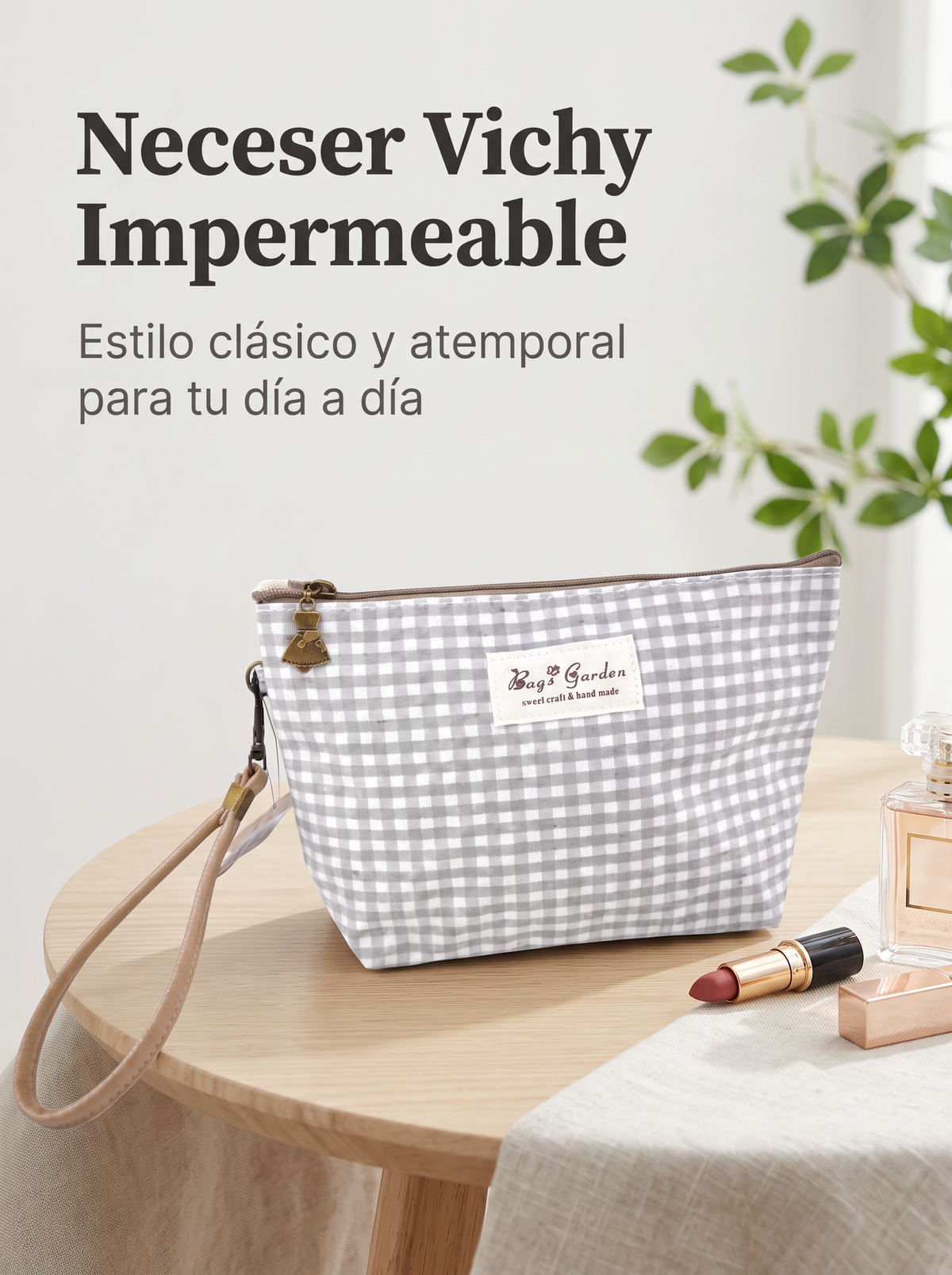 Neceser Pequeño Vichy Impermeable con Asa de Muñeca