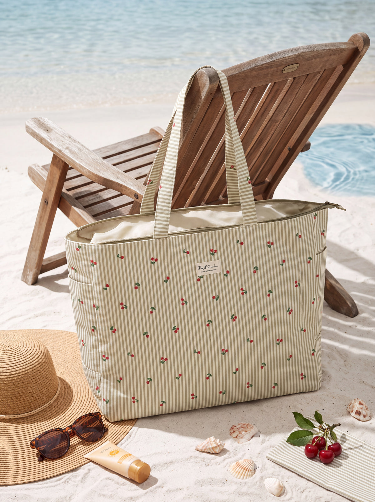 Bolso de Playa Grande de Rayas con Cerezas y Bolsillos Laterales