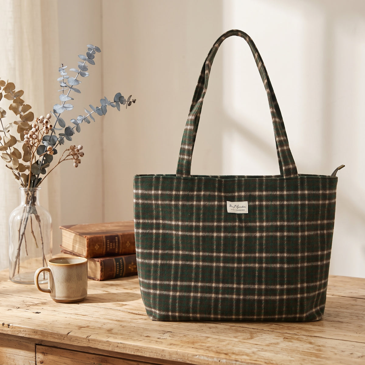 Bolso Tote de Cuadros con Cremallera