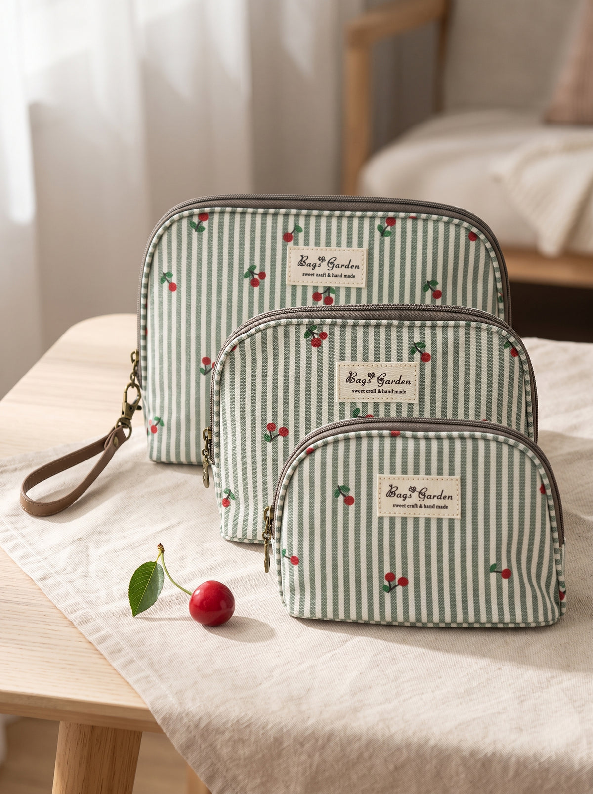 Set de 3 Neceseres de Rayas con Cerezas y Cremallera