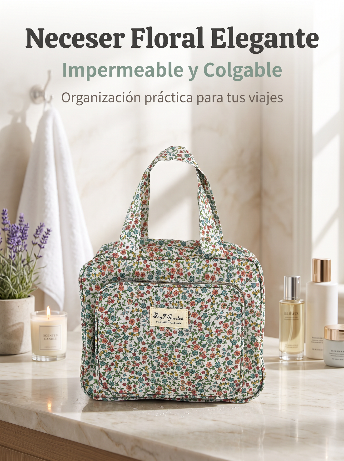 Neceser Colgante Floral Impermeable con Gancho, Compartimentos y Cremalleras para Viaje