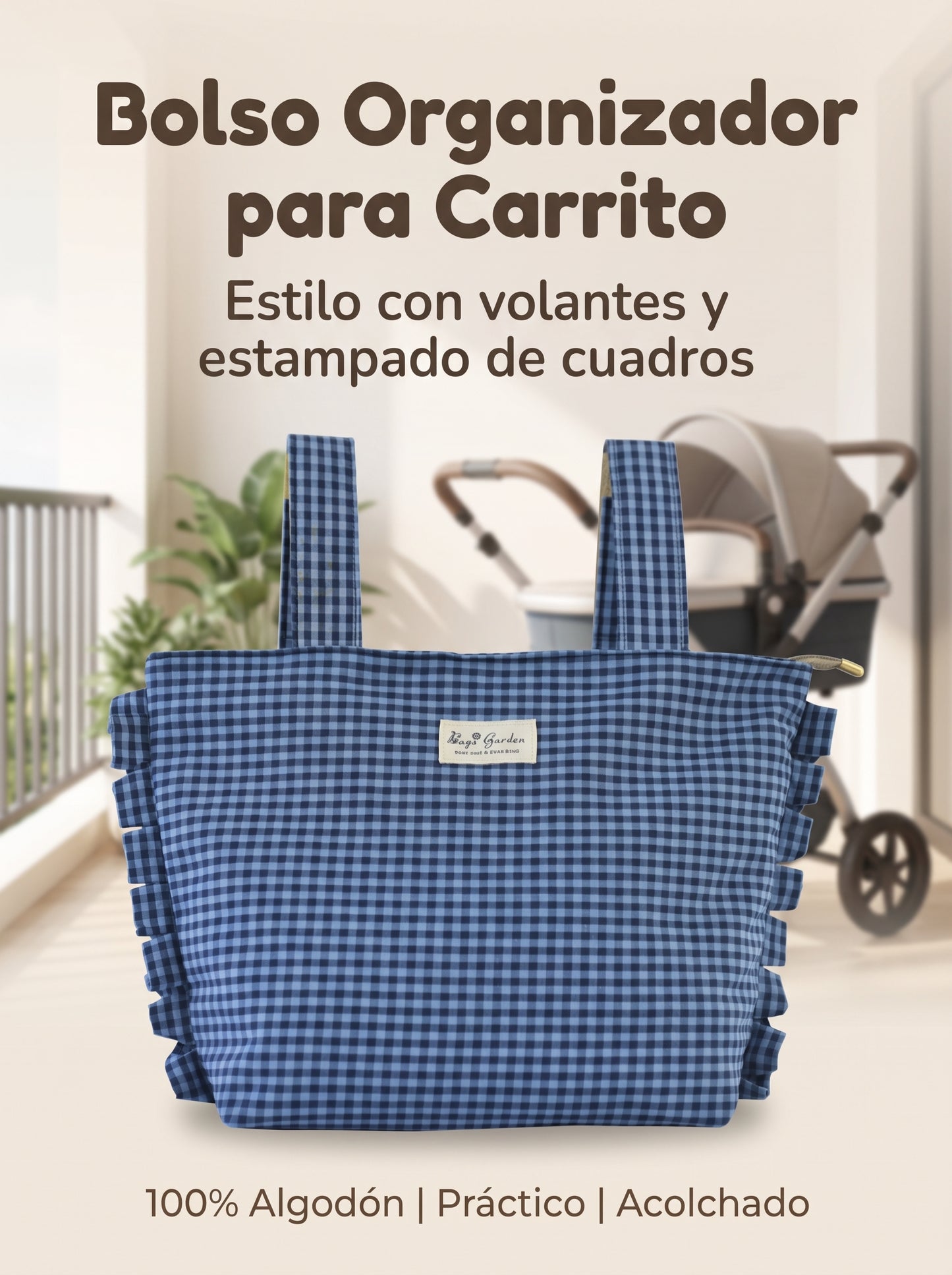 Bolso Organizador de Algodón para Carrito de Bebé de Cuadros con Volantes