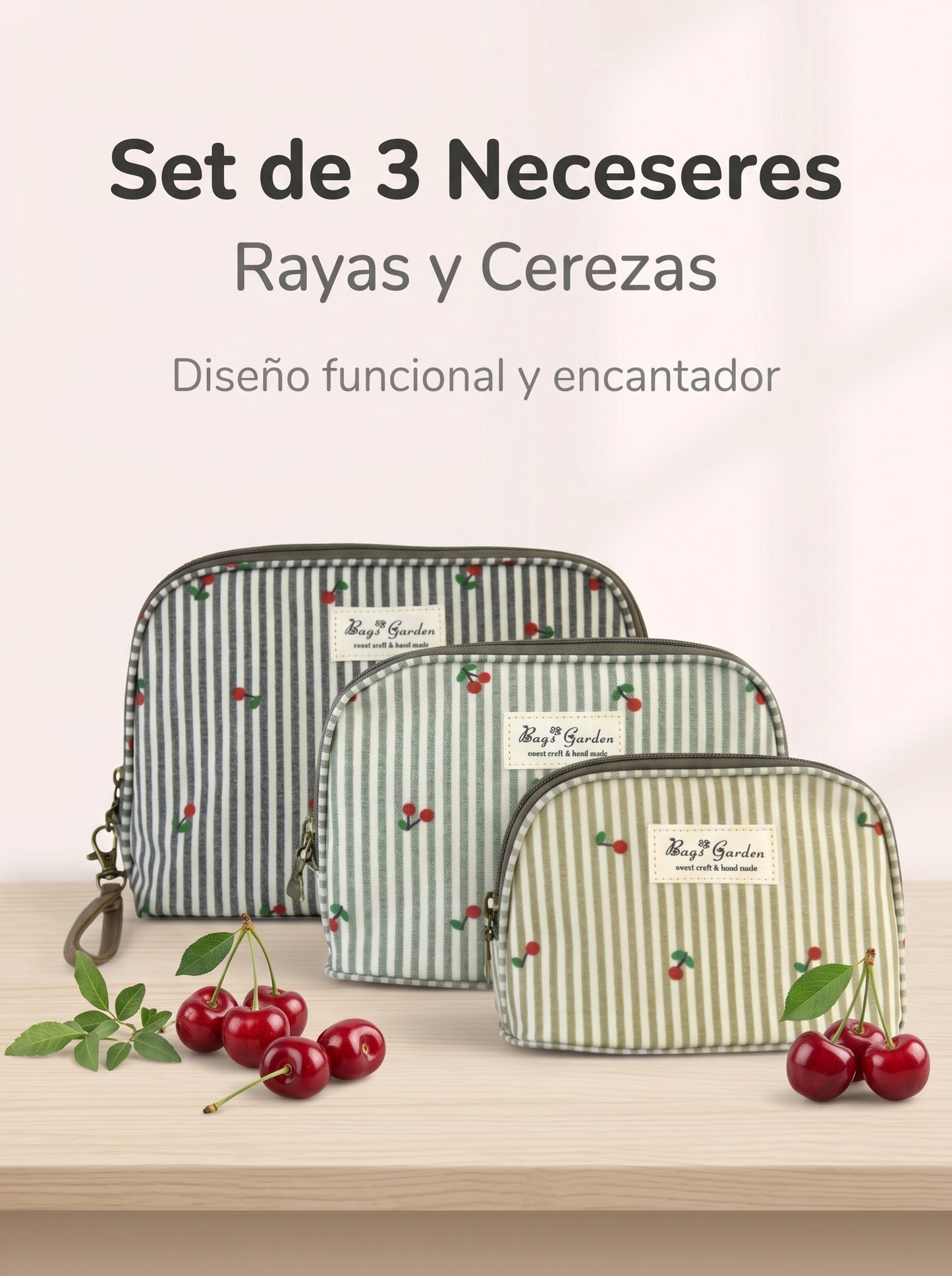 Set de 3 Neceseres Rayas con Cerezas