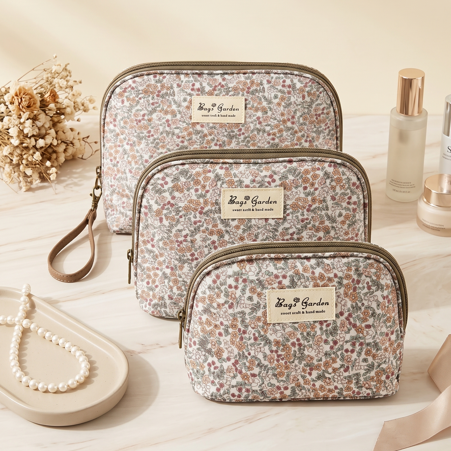Set de 3 Neceseres Florales Impermeables de Diferentes Tamaños para Maquillaje y Viaje