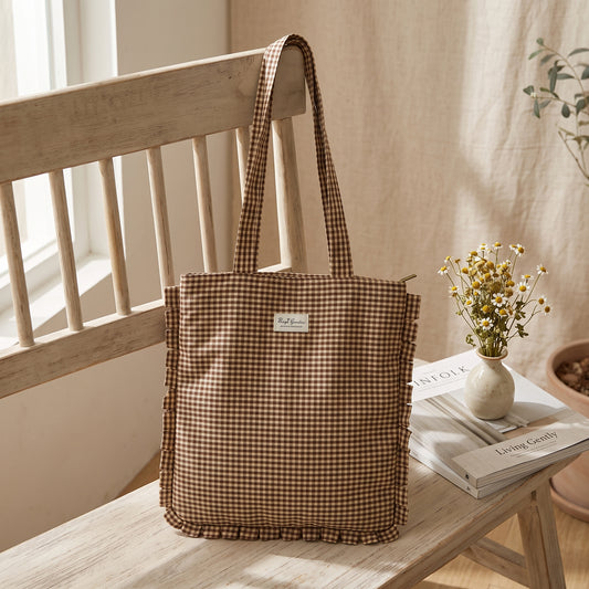 Bolso de Hombro de Algodón de Cuadros con Volantes y Cremallera