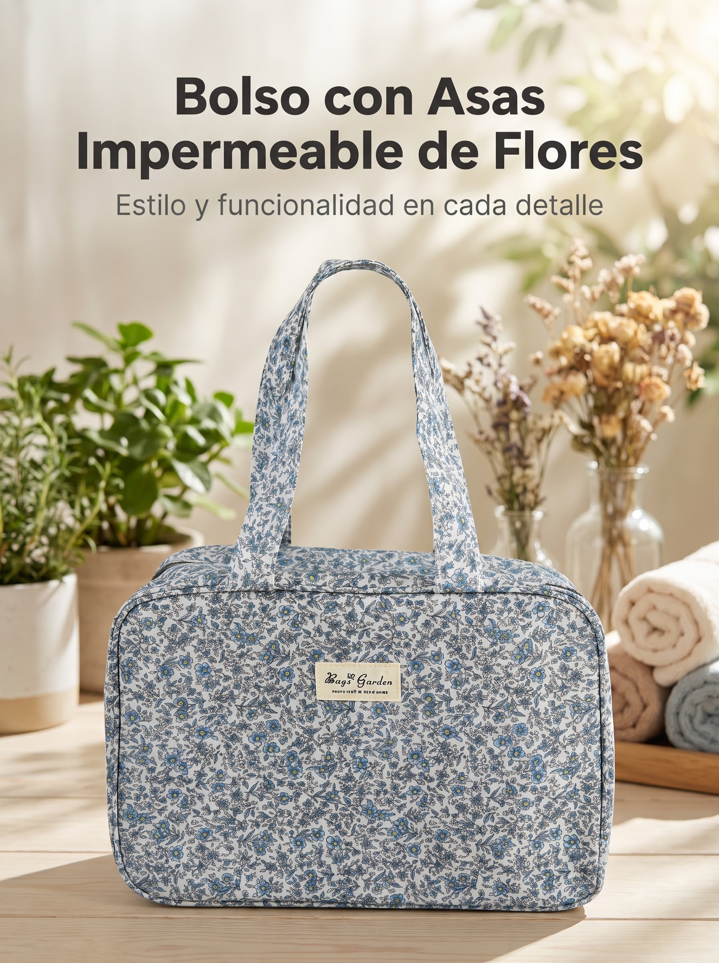 Bolso con Asas Impermeable de Flores con Cremallera