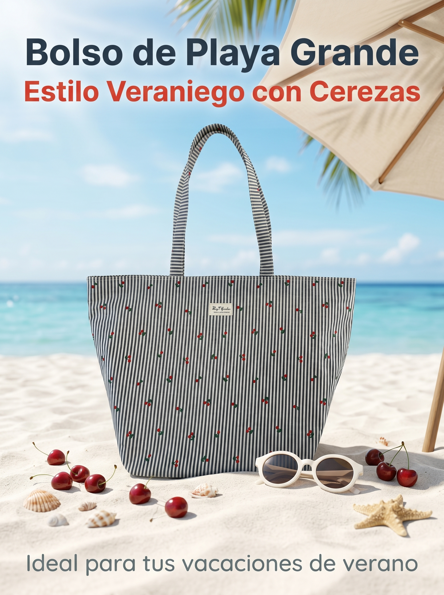 Bolso de Playa Grande Rayas con Cereza | Bolsa Tote Impermeable con Cremallera