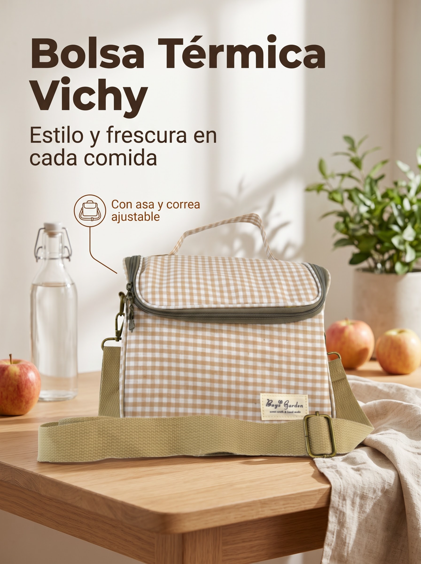 Bolsa nevera de algodón Vichy con asa y correa de hombro