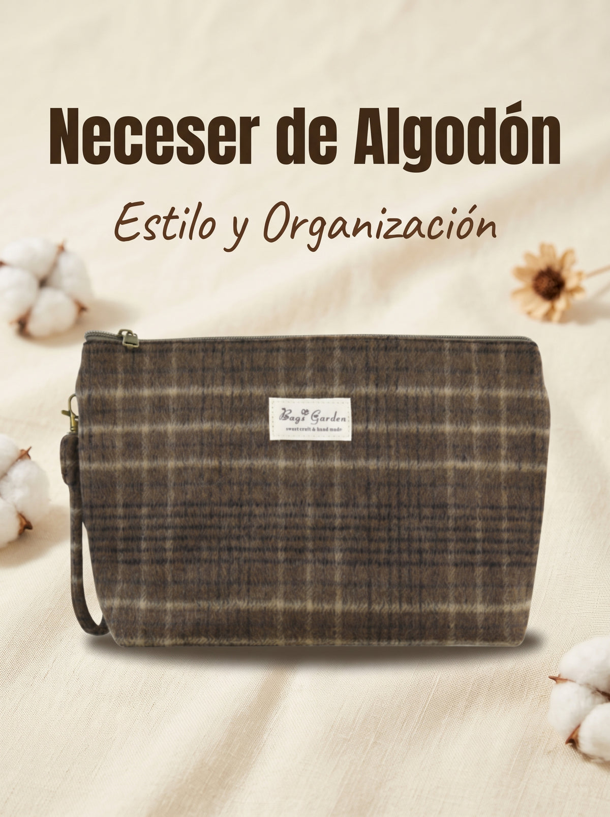 Neceser de cuadros de algodón con asa de muñeca desmontable