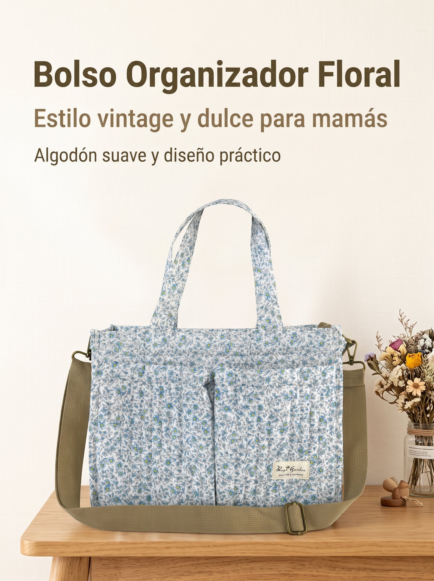 Bolso Organizador Floral para Carrito de Bebé de algodón con Bolsillos, Asas y Correa Ajustable